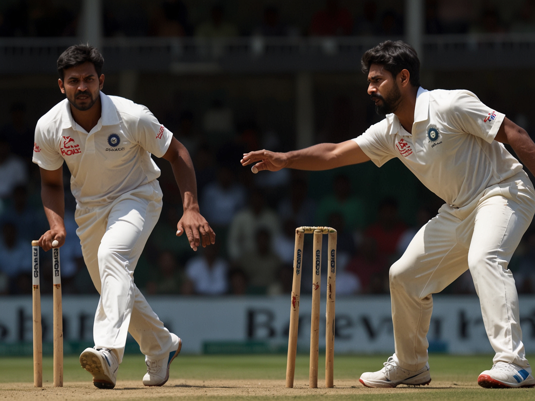 Close-up of Indian bowlers in action, showcasing their intense focus and skill as they deliver tight, strategic balls to challenge the South African batters.