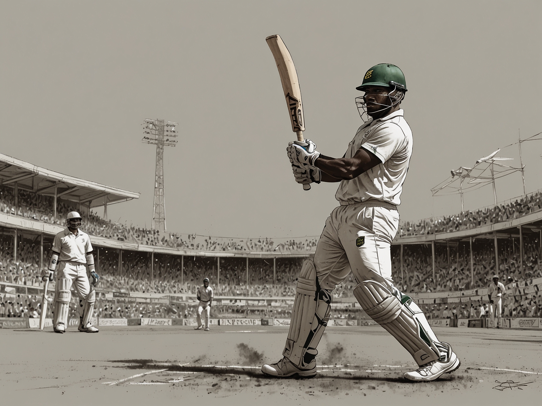 A South African batsman hitting a powerful shot, with determination on his face, igniting cheers from the crowd with a soaring six.