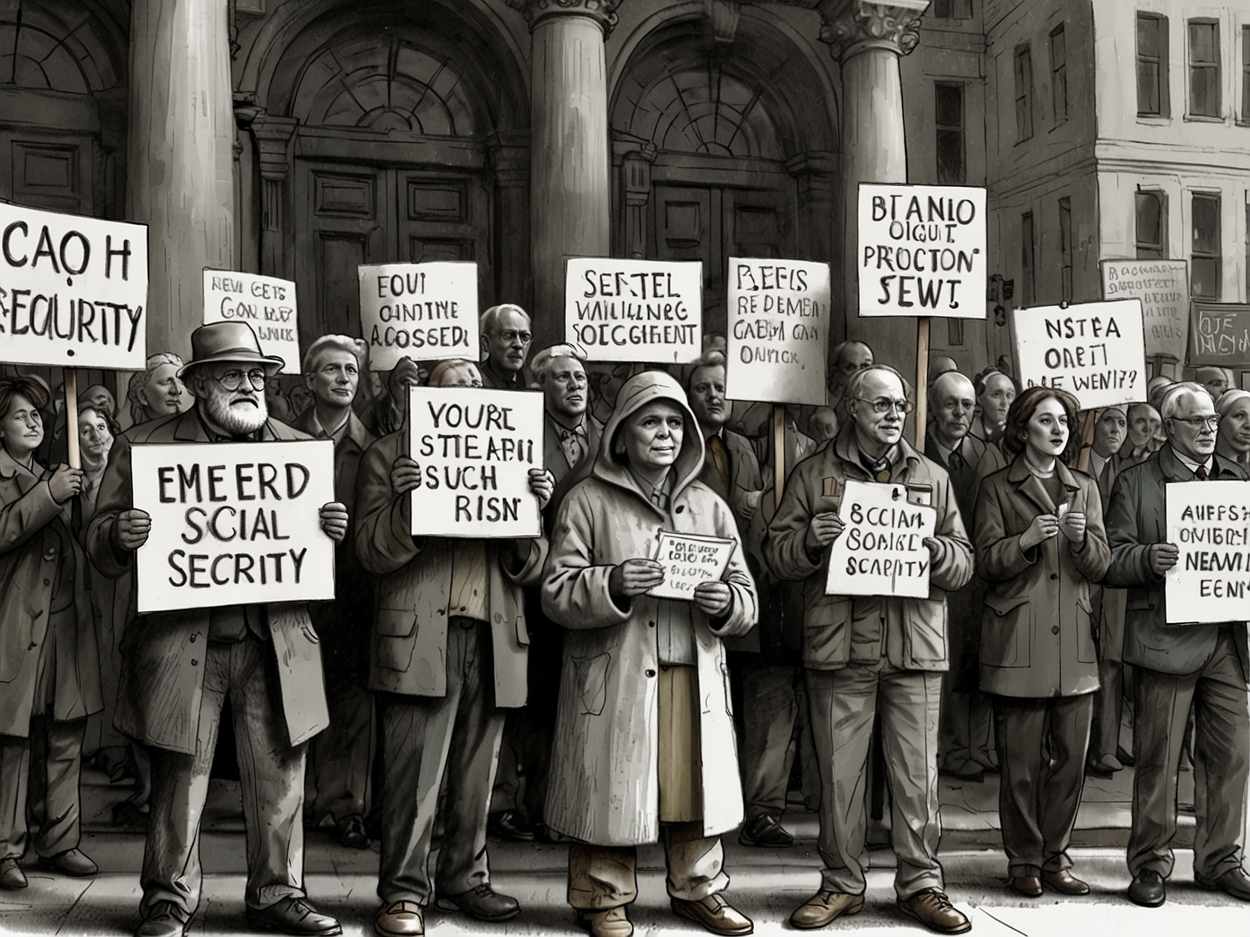 A protest gathering advocating for social safety nets, showcasing activists holding signs calling for the protection and enhancement of Social Security benefits.