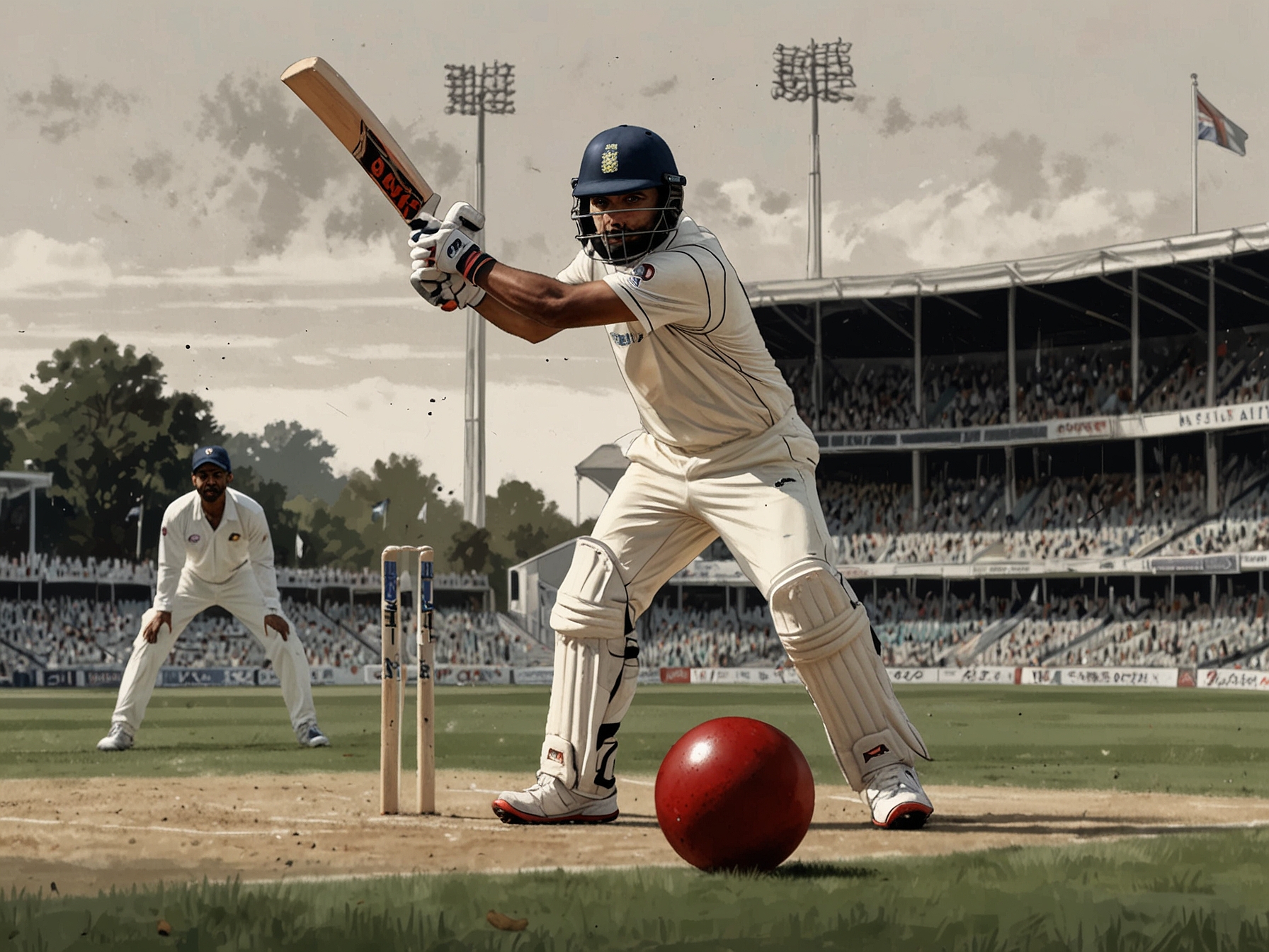 A close-up view of the cricket ball hitting the stumps as KL Rahul is caught off guard, illustrating the moment of the bizarre dismissal.