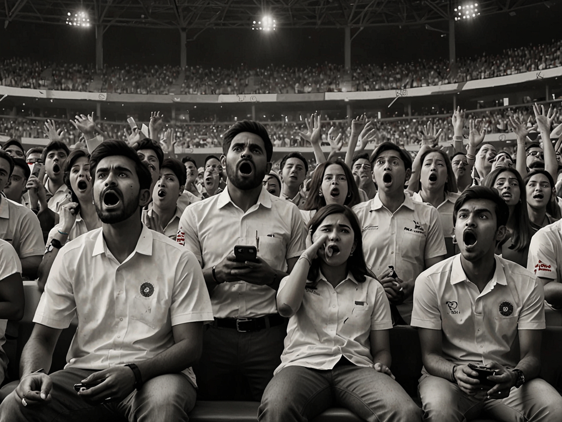 Fans in the stadium reacting in disbelief to KL Rahul's dismissal, some with hands on their heads while others capture the moment on their phones.