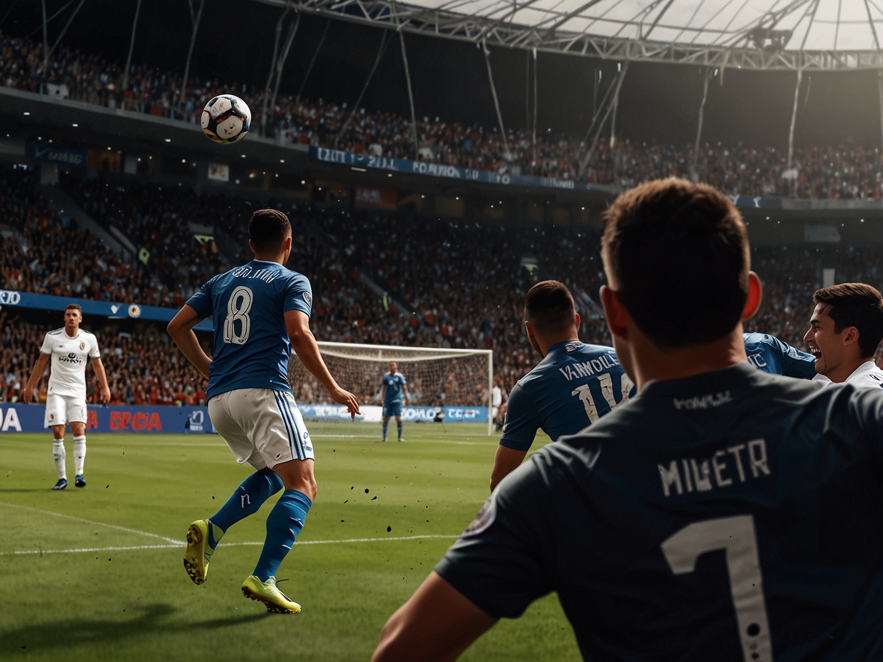 An intense moment from the match, showing a Querétaro player scoring a goal, captured mid-action as the ball hits the net and fans erupt in cheers.