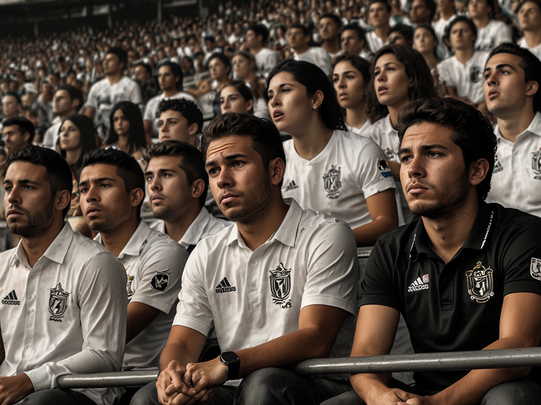 The disappointed faces of Santos fans in the stands, highlighting the emotional toll of the unexpected defeat and their concerns about the team's future.