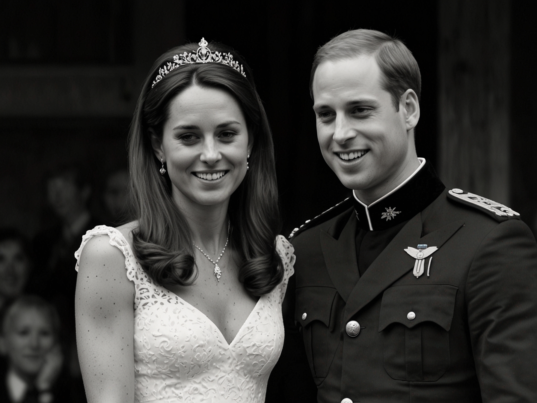 A candid shot of Prince William embracing his wife Kate Middleton, showcasing their strong familial bond and support through difficult times in the royal family.