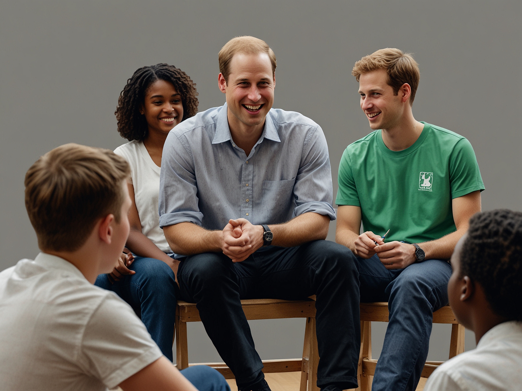 An inspiring image of Prince William engaging with youth in a mental health workshop, demonstrating his commitment to raising awareness and breaking the stigma surrounding mental health issues.
