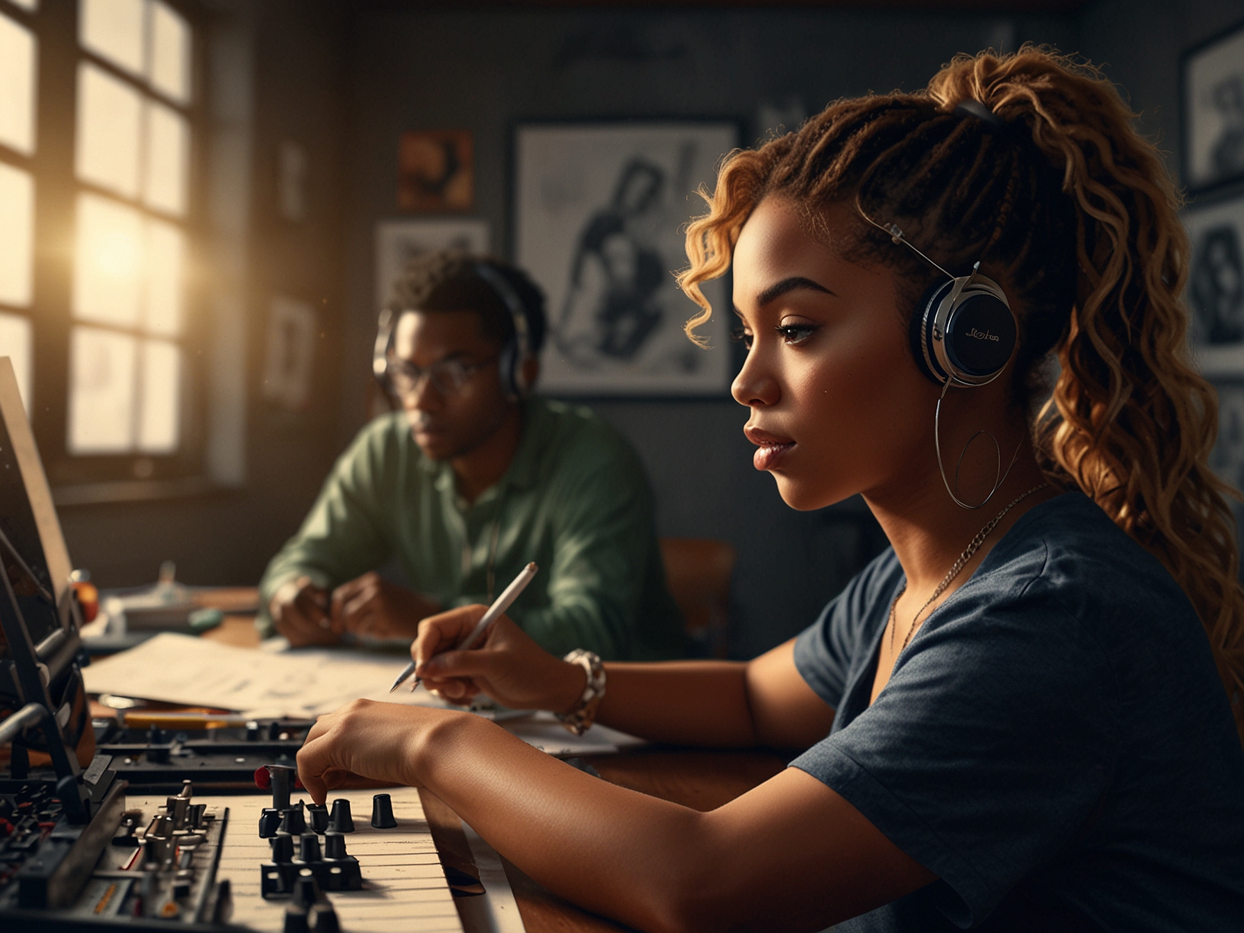 An image of aspiring artists in a studio, looking inspired while listening to Beyoncé's music, showcasing the impact her journey has on new musicians and their aspirations.