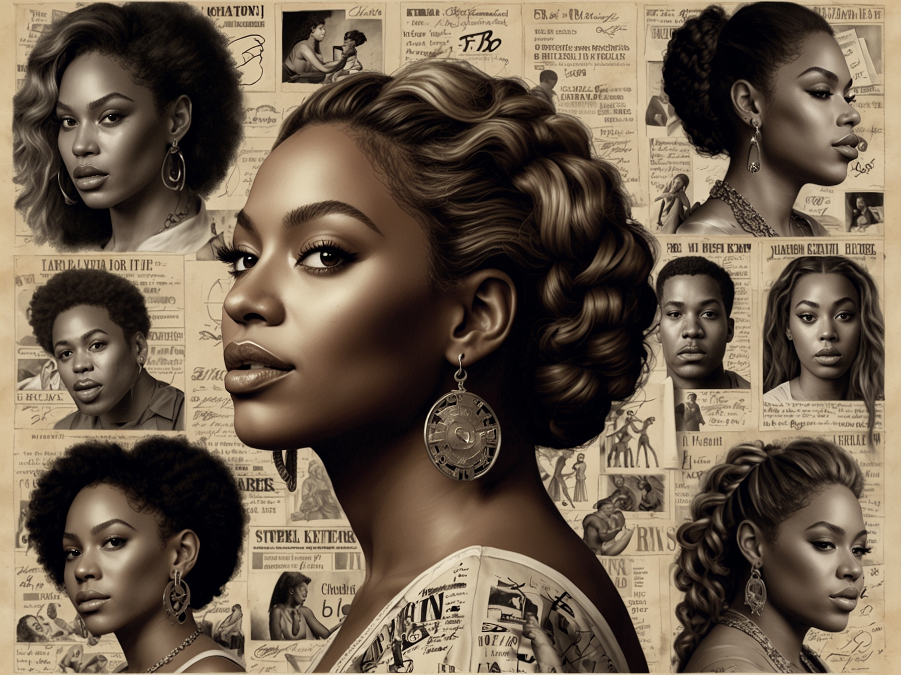 A visual collage of historical moments in music intertwined with Beyoncé's achievements, symbolizing the evolution of music and culture influenced by her works.