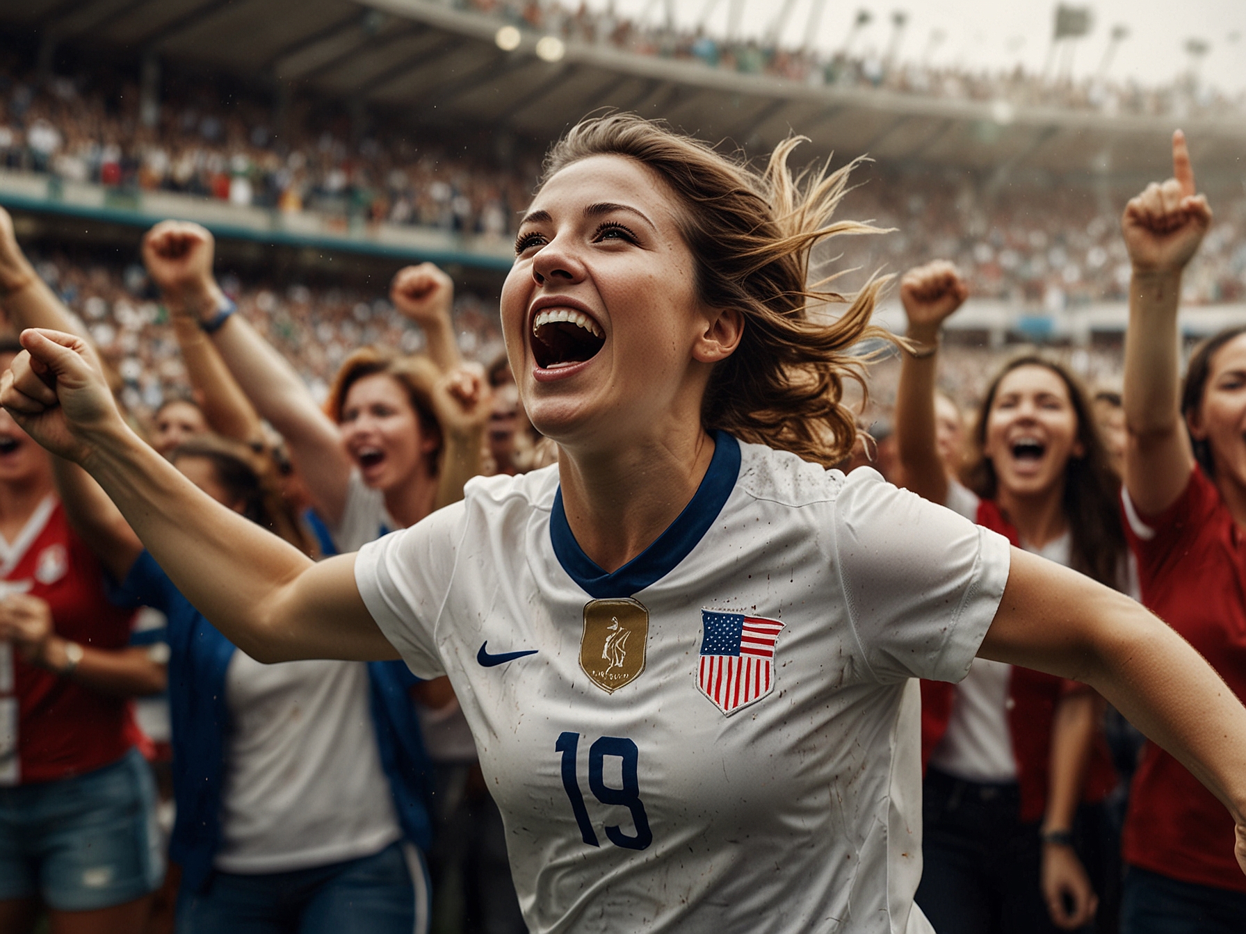 An action shot of an America player celebrating a goal, surrounded by ecstatic fans, emphasizing the emotional highs of women's soccer in Mexico.