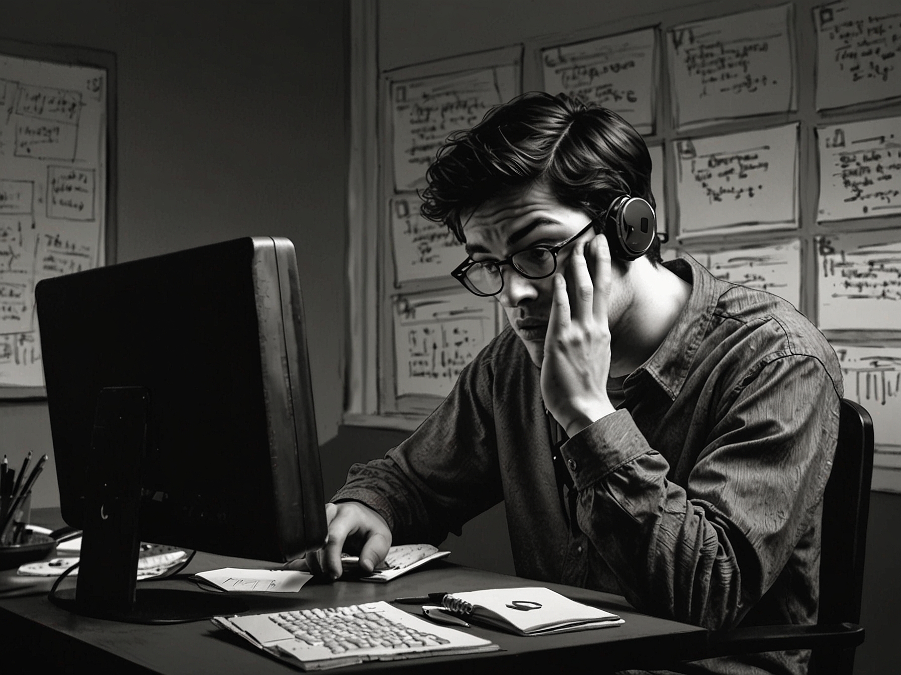 An overwhelmed college student staring at a blank computer screen, indicating stress due to missed deadlines because of the ChatGPT outage.