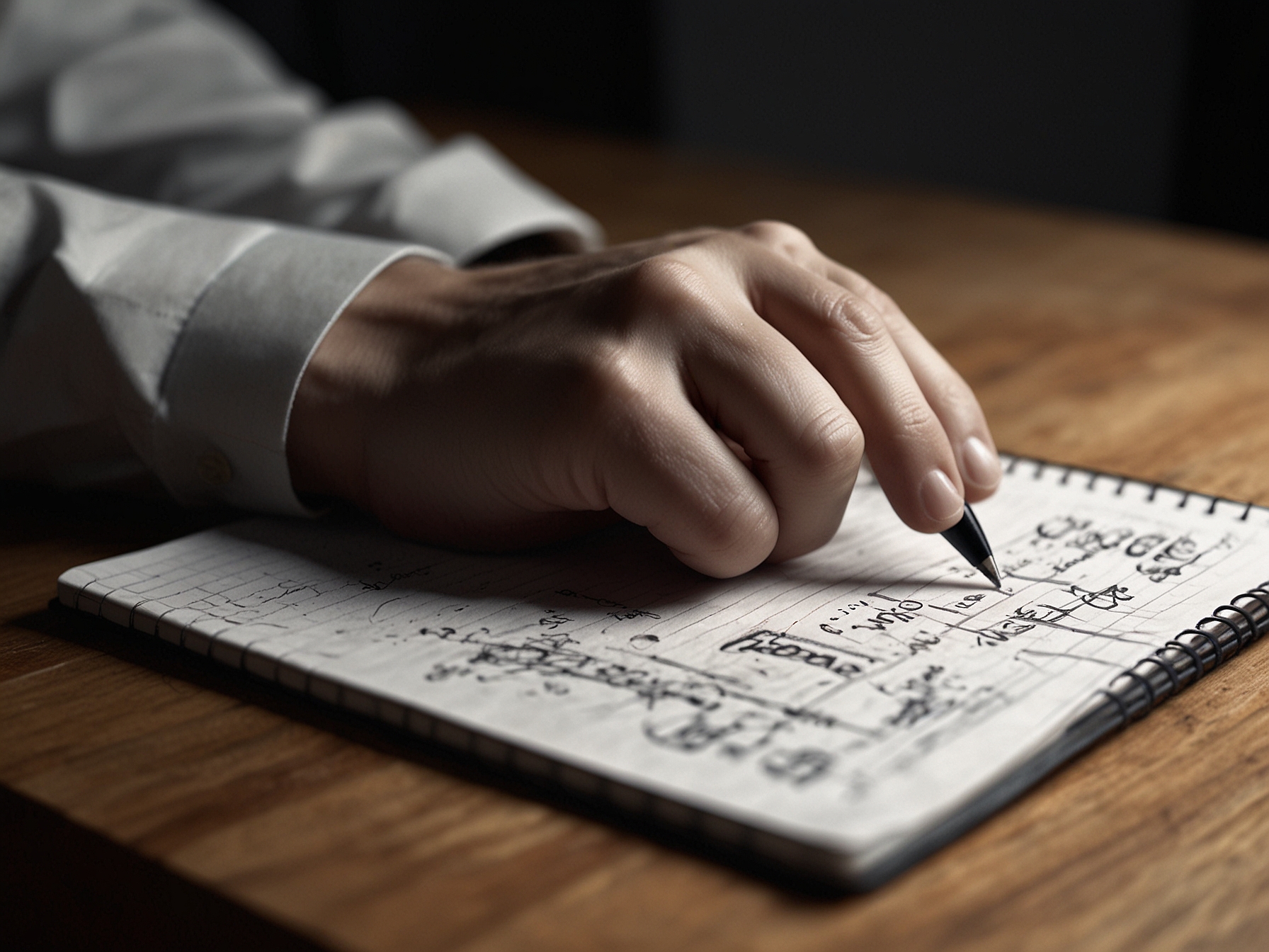 A close-up of a professional's hand clutching a notepad filled with ideas, symbolizing lost opportunities and inspiration due to the temporary unavailability of ChatGPT.