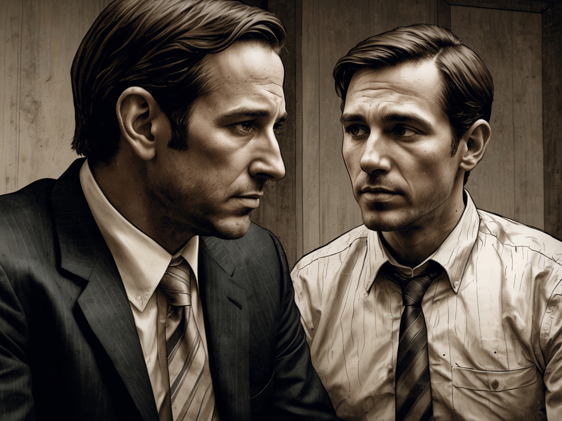 A close-up of two real estate brokers engaged in a serious discussion, highlighting the emotional and ethical dilemmas arising from Lorber's confession in their profession.