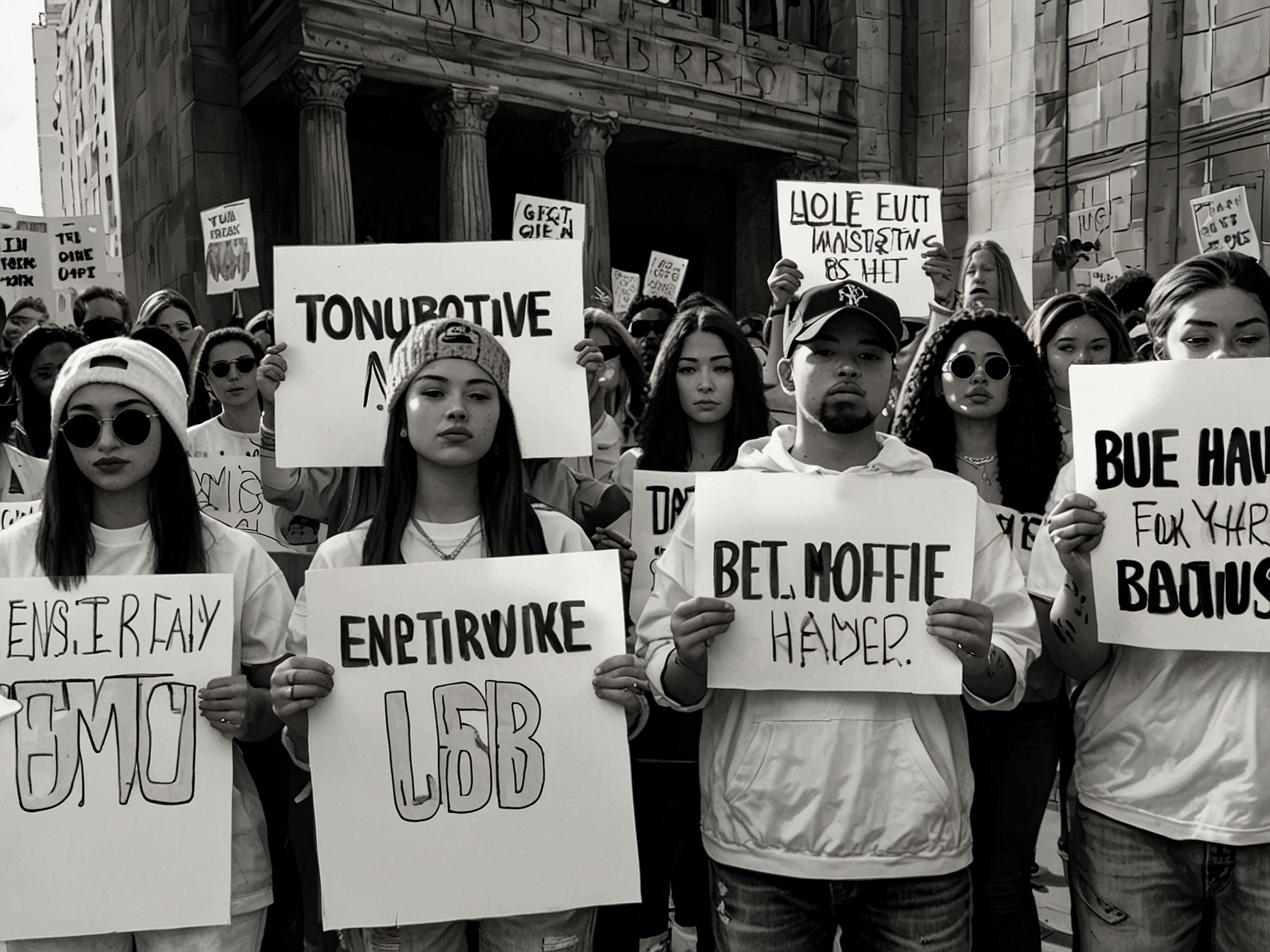 A group of fans holding supportive signs at a rally, emphasizing the connection and empathy between Bhad Bhabie and her supporters during tough times.