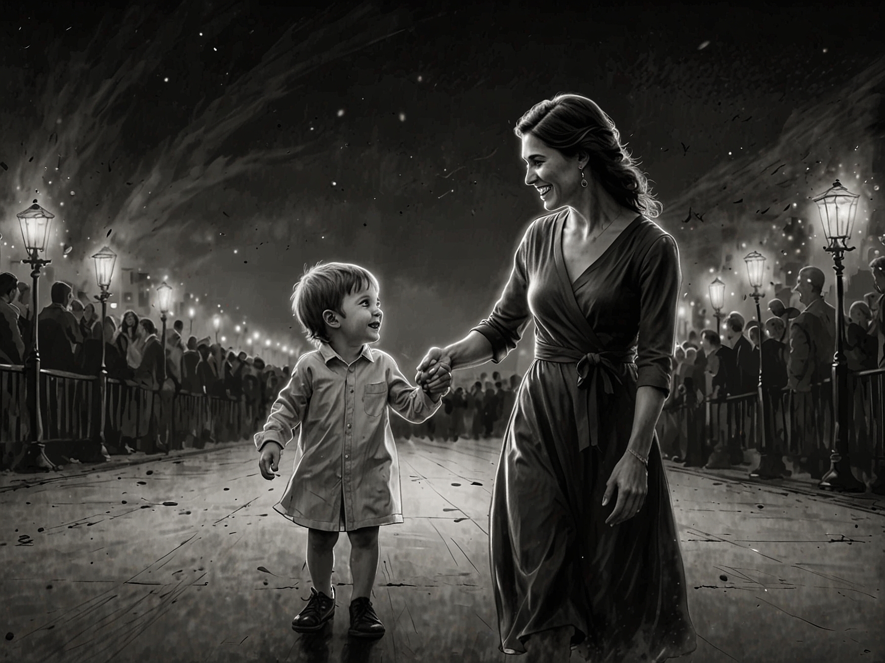 Walker, Idina's son, beams with excitement as he holds his mother's hand, beautifully capturing the joyful spirit of their special evening together.