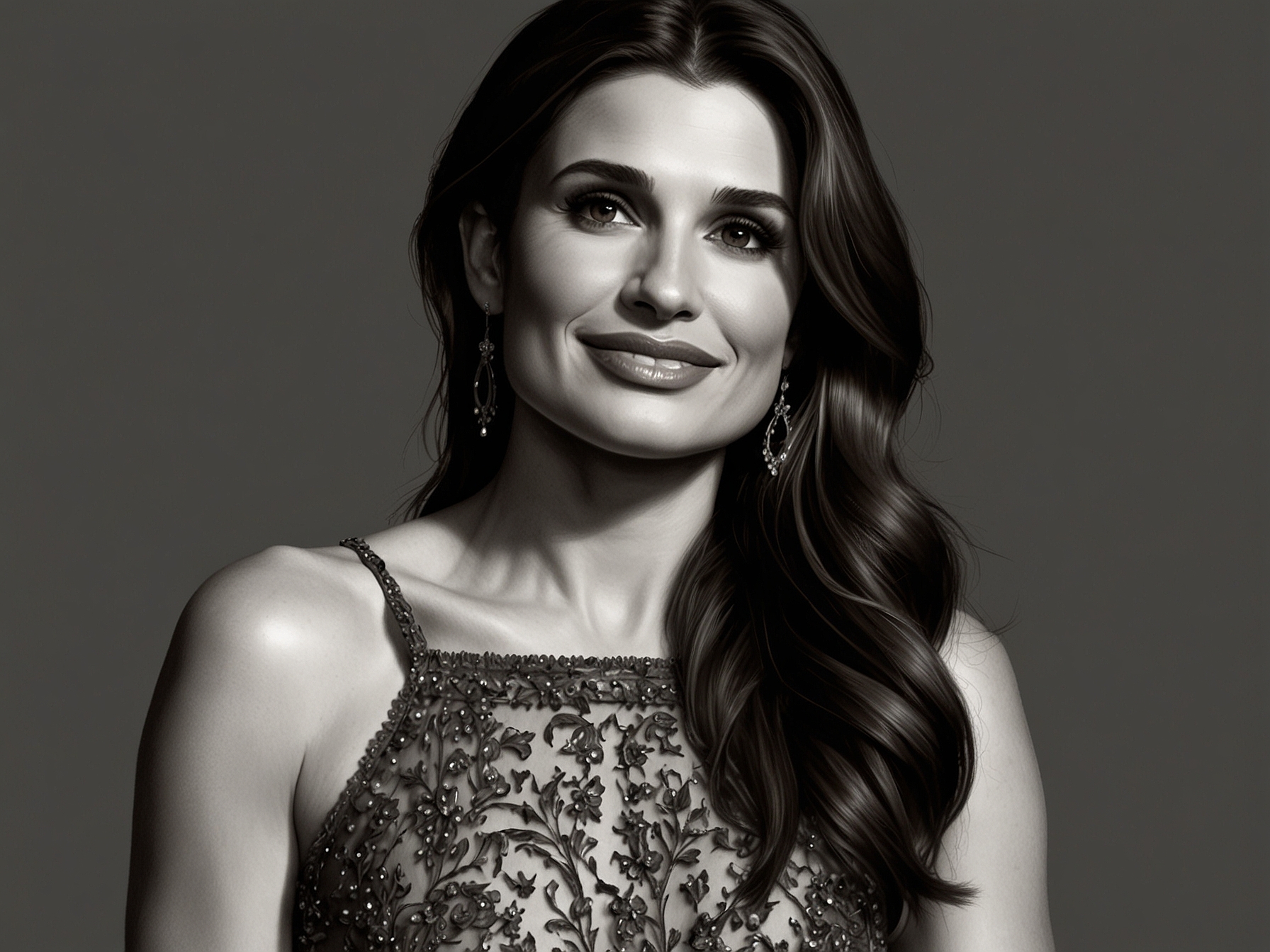 A close-up of Idina Menzel showing off her elegant dress, highlighting the intricate details and the joyful expression on her face as she poses for the cameras.