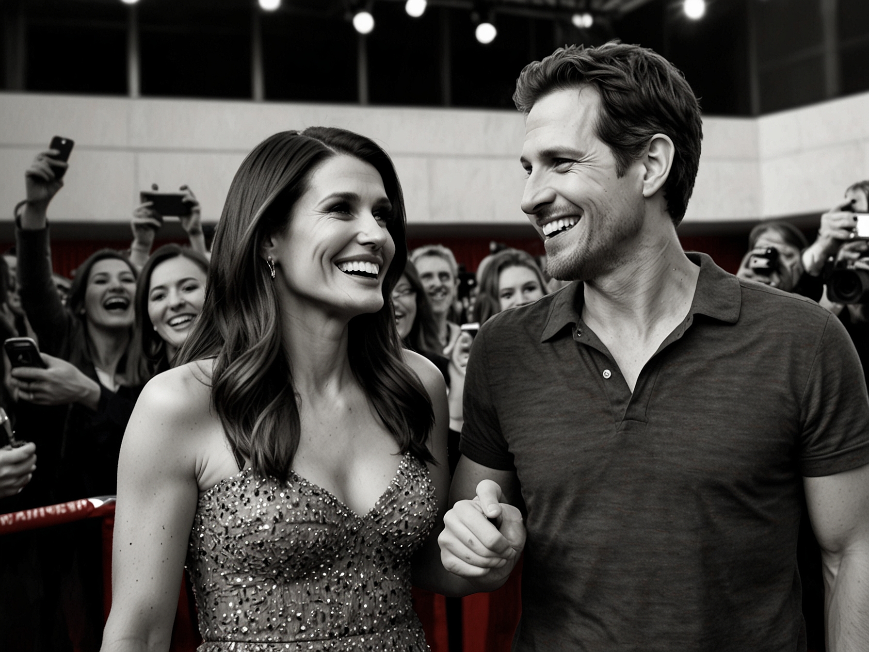 Idina and Walker share a candid moment on the red carpet, both laughing and enjoying the experience, surrounded by fans and media creating a buzz.