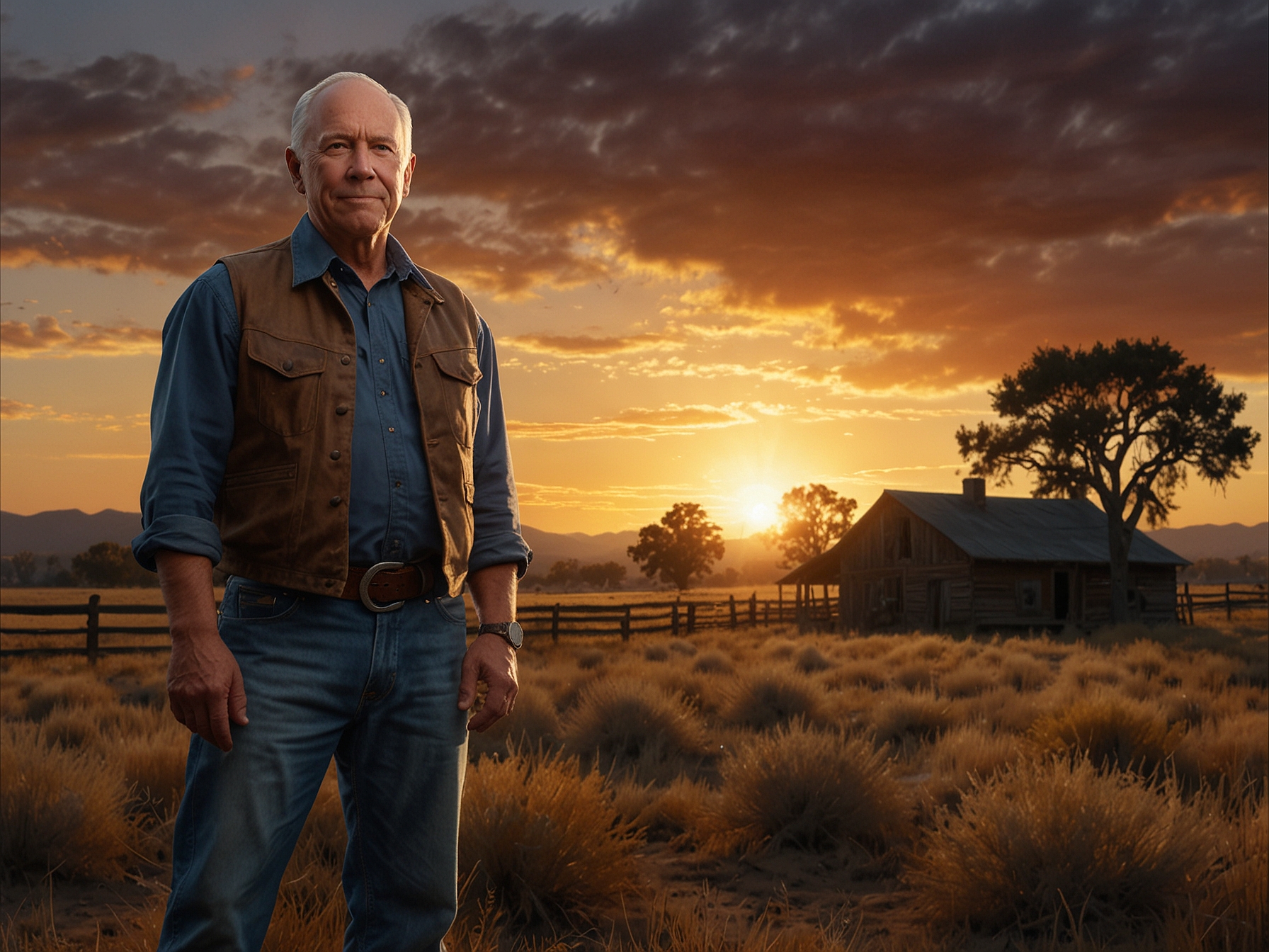 An artist's illustration of John Dutton standing strong against a beautiful sunset over the ranch, symbolizing resilience and the character's profound impact on viewers.