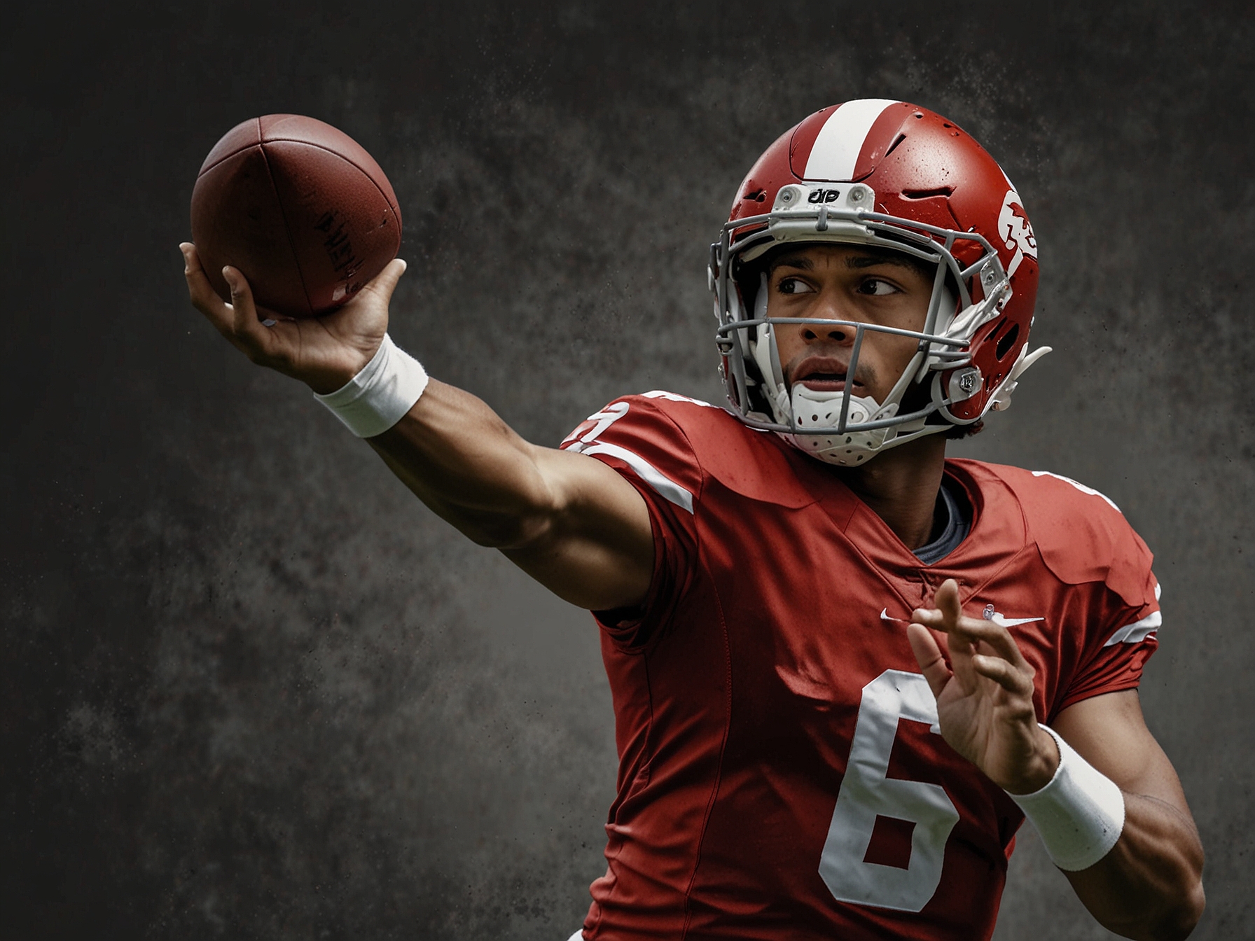 A close-up of Bryce Young throwing a pass during the game, displaying his focused expression and athleticism as he attempts to find an open receiver.