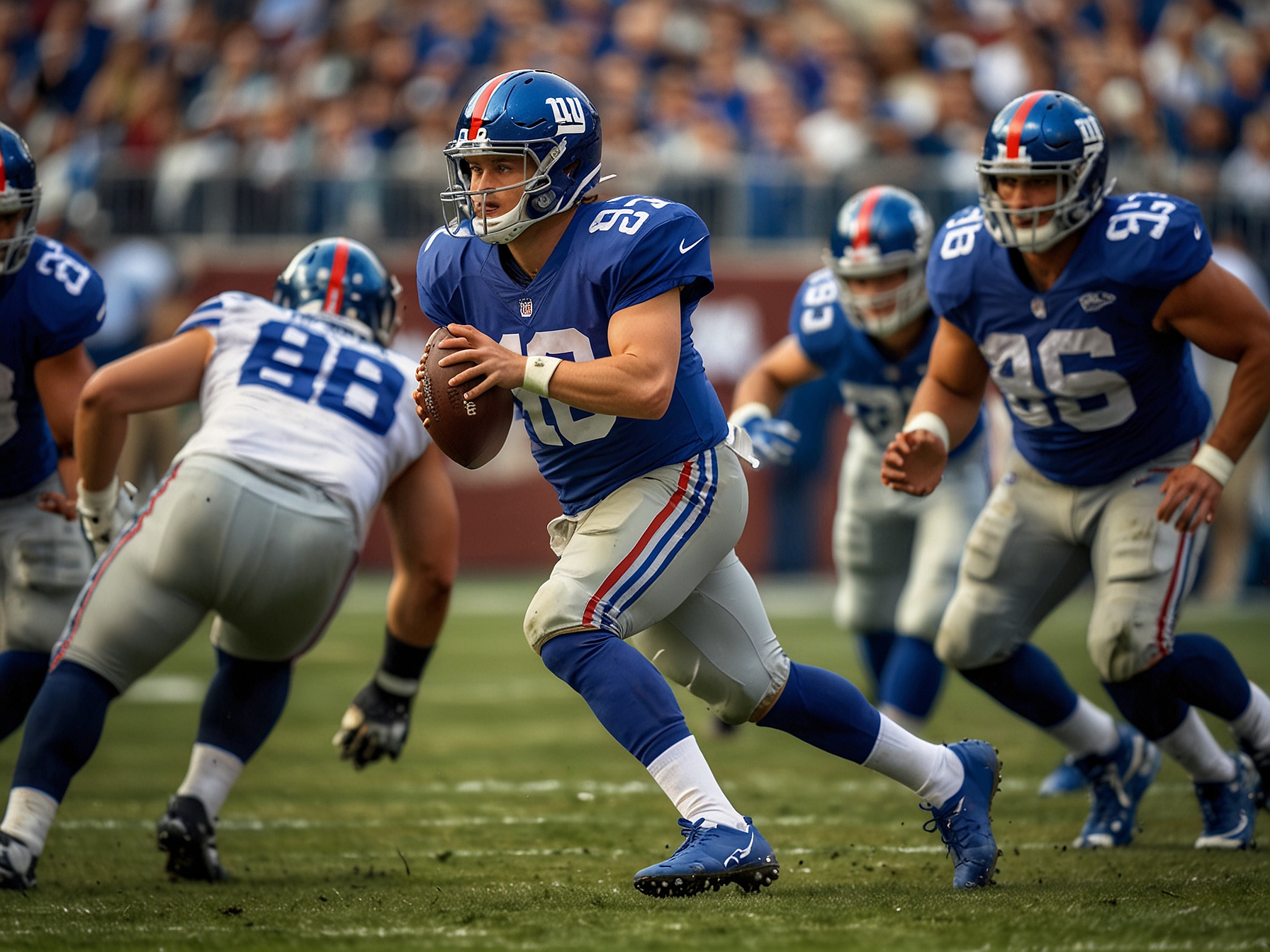 Daniel Jones in action, evading defenders and looking downfield, illustrating the pressure he faced throughout the match as he tries to lead the Giants.