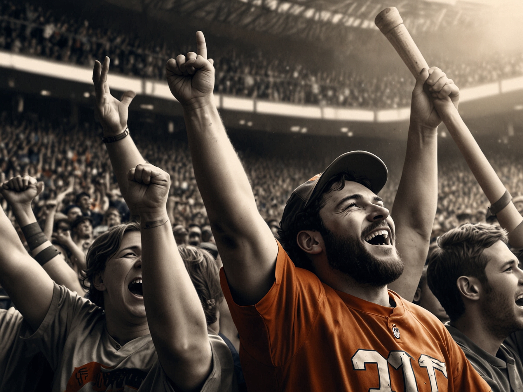 A group of Giants fans wearing team colors, cheering passionately in the stands, capturing the emotional connection and support for their team during this crucial game.