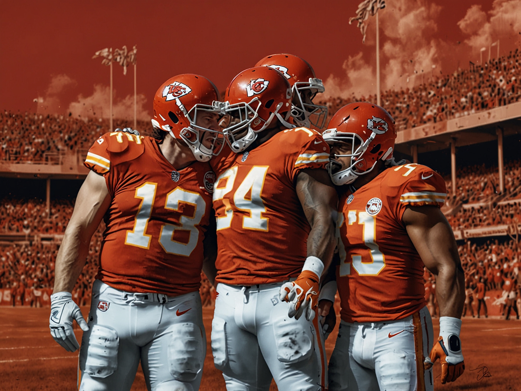 The Chiefs' defense celebrating after successfully blocking a field goal attempt from the Broncos, illustrating their tenacity and teamwork during critical moments of the game.