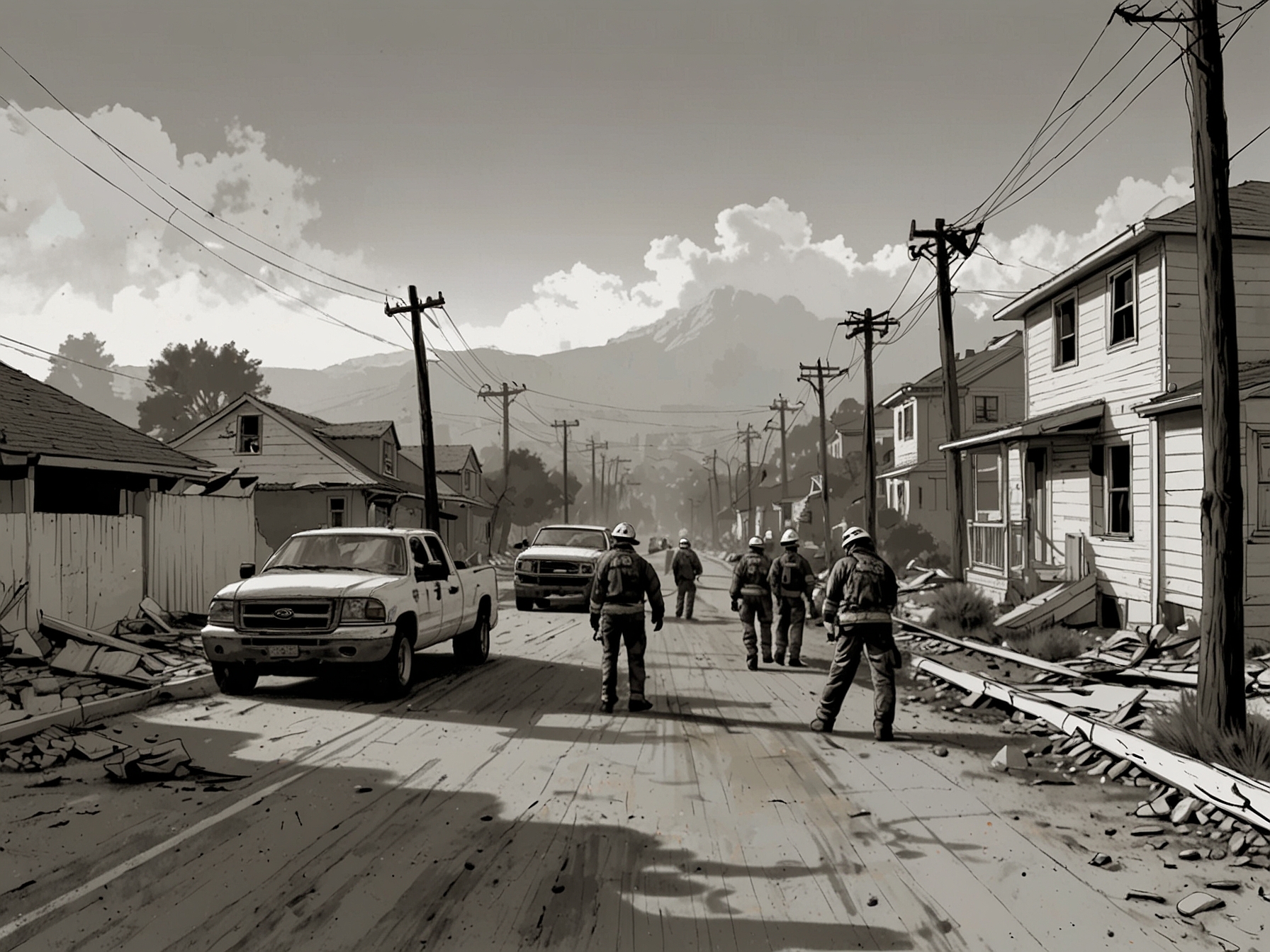 Rescue crews assess the damage in a neighborhood, working diligently to ensure safety and provide assistance to families affected by the earthquake’s destruction.