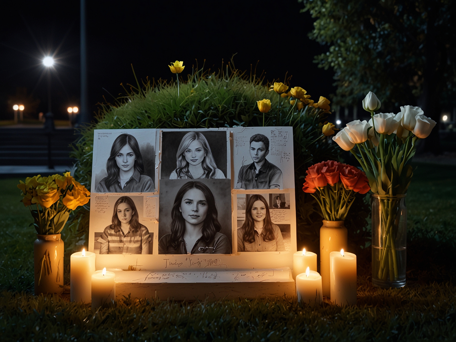 A somber memorial set up on campus featuring photos of the victims, flowers, and candles, representing the collective grief of the university community.