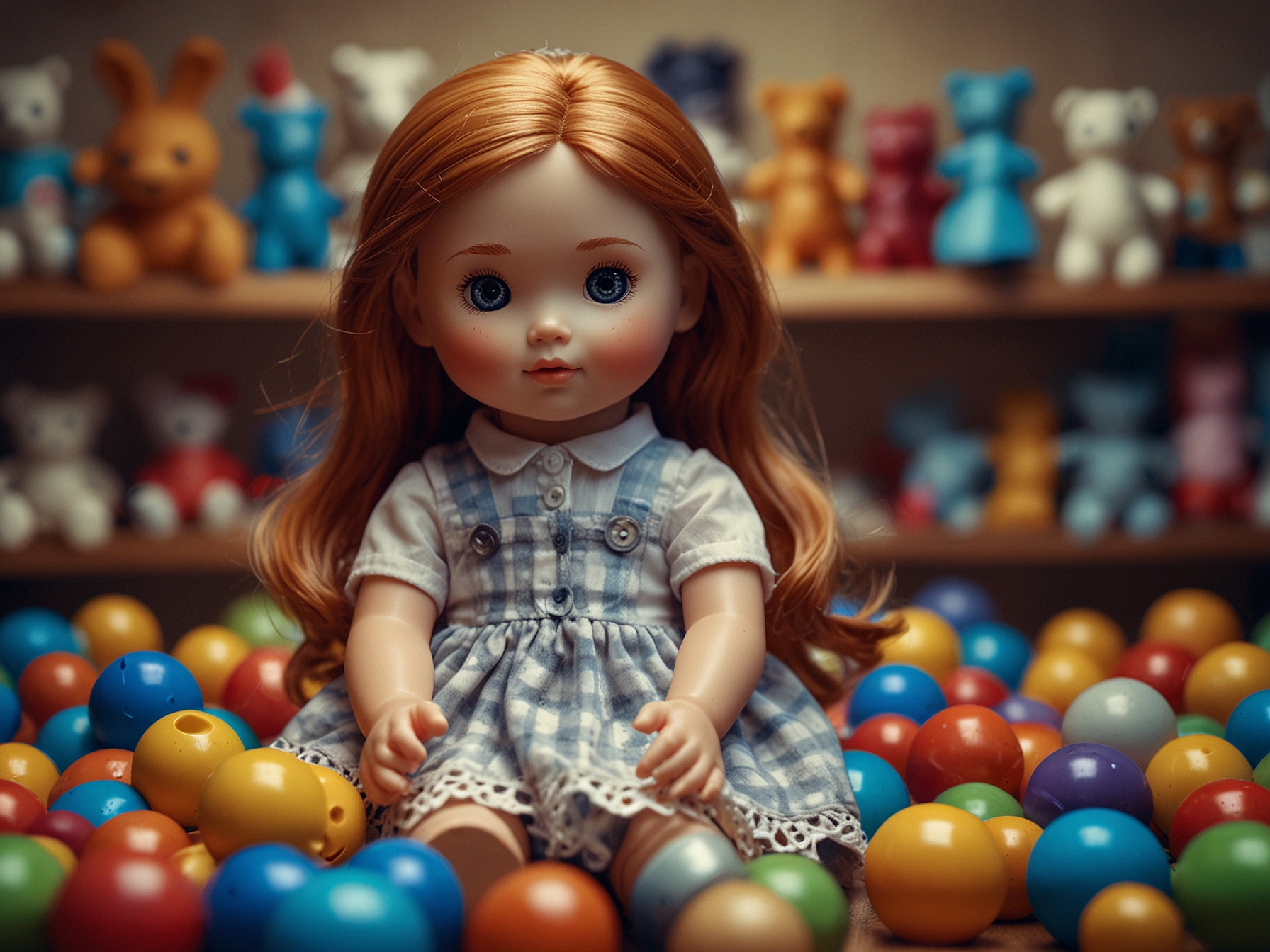 A close-up of the doll with a blurred background of educational toys, symbolizing the contrast between intended child-friendly products and the error made.