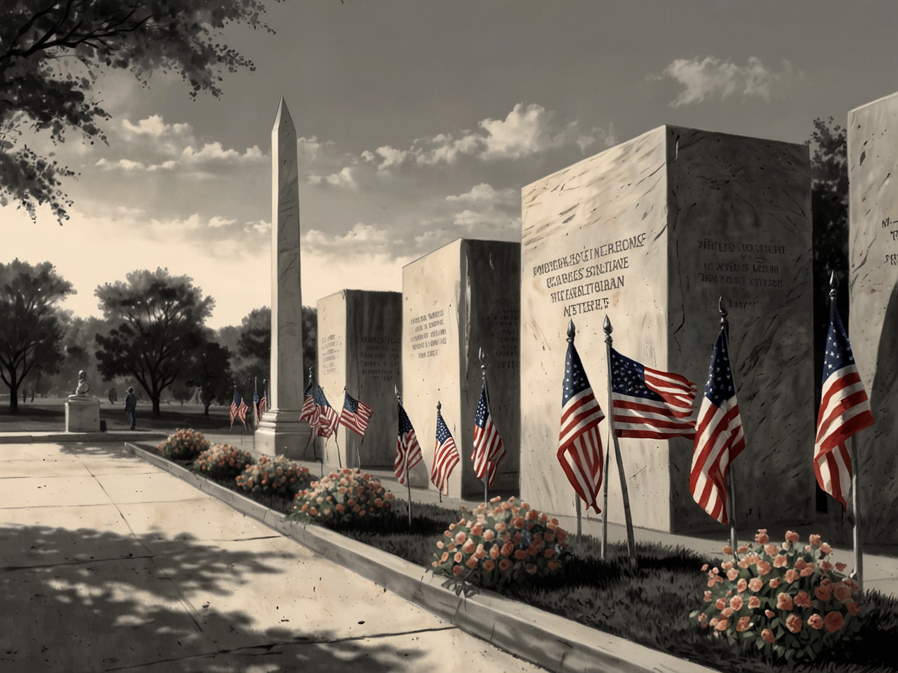 A serene moment captured at a veterans memorial, adorned with flowers and American flags, symbolizing remembrance and the sacrifices made by service members.