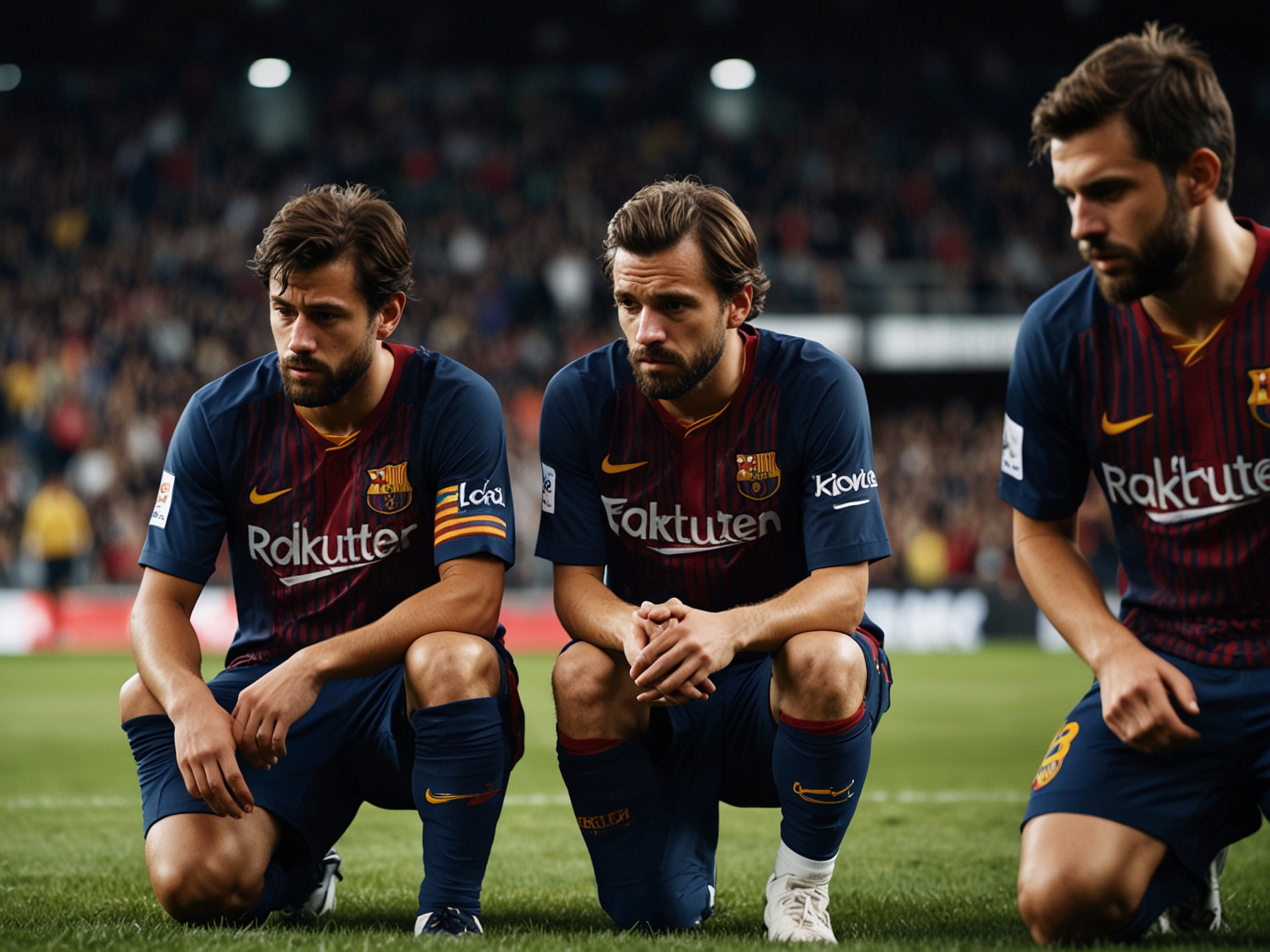 Barcelona players showing frustration and disappointment after their recent loss, with heads down and expressions reflecting their heartbreak on the field.
