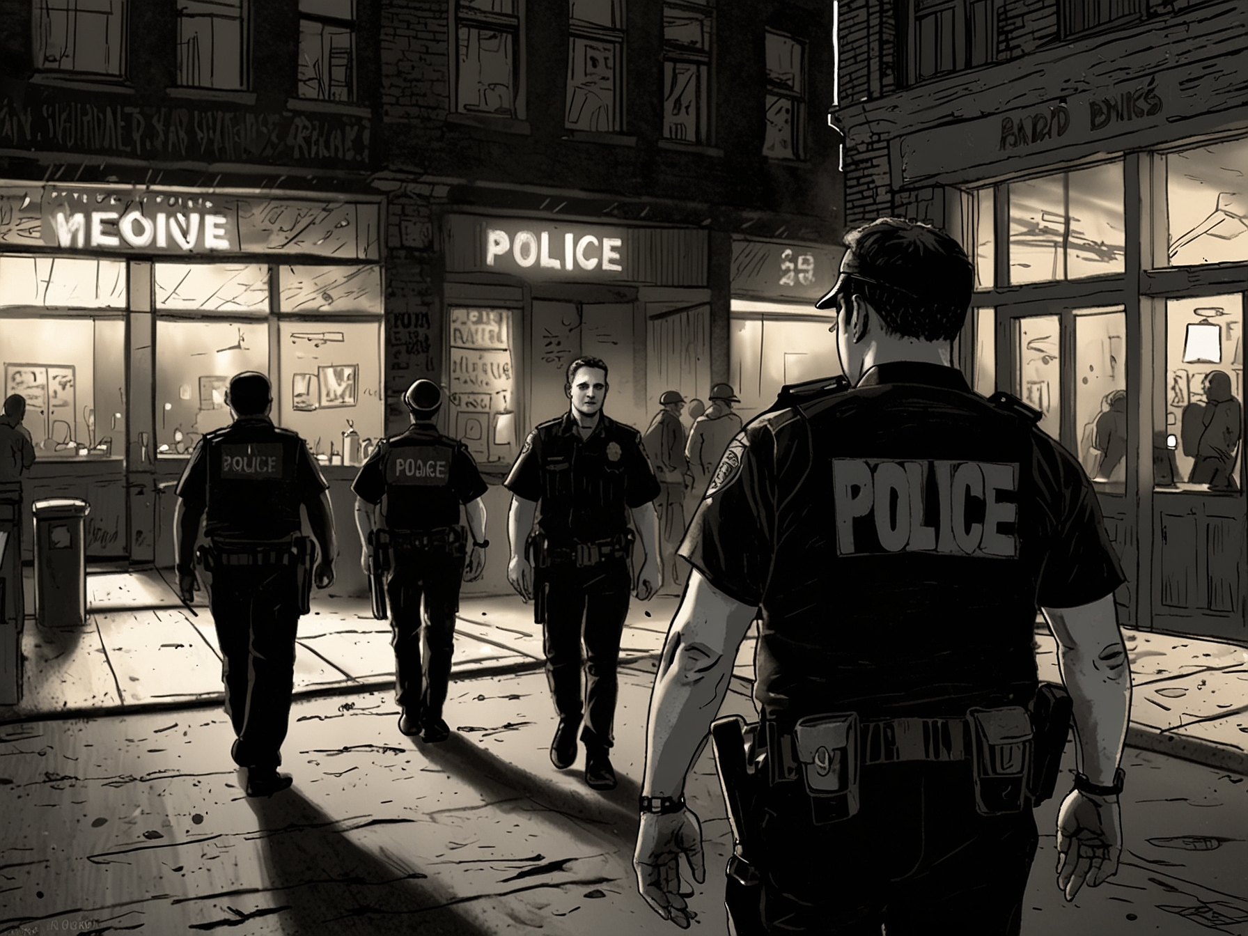Local police patrolling the area around the bar after the shooting, emphasizing increased security measures taken to reassure the public and deter further violence.