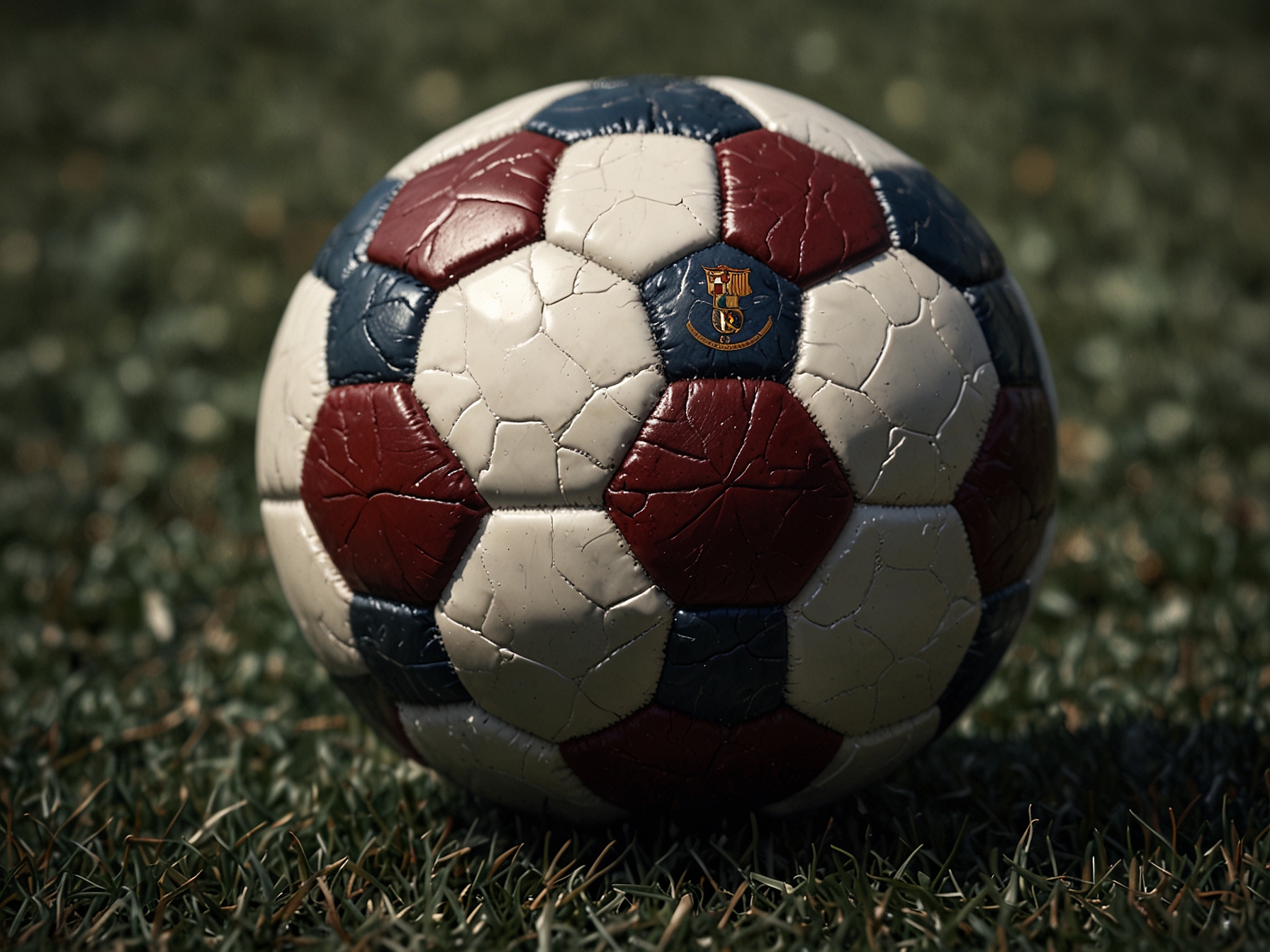 A close-up of a soccer ball on the pitch, symbolizing the intense competition and the tactics that Barcelona needs to analyze after their defeat.