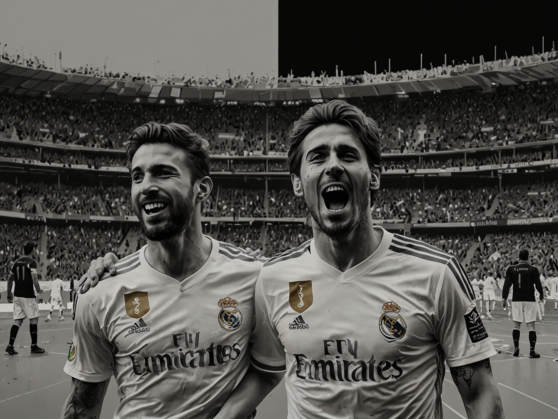 A split image showing both Real Madrid celebrating and Barcelona reflecting after the match, representing the contrasting emotions of the two fan bases.