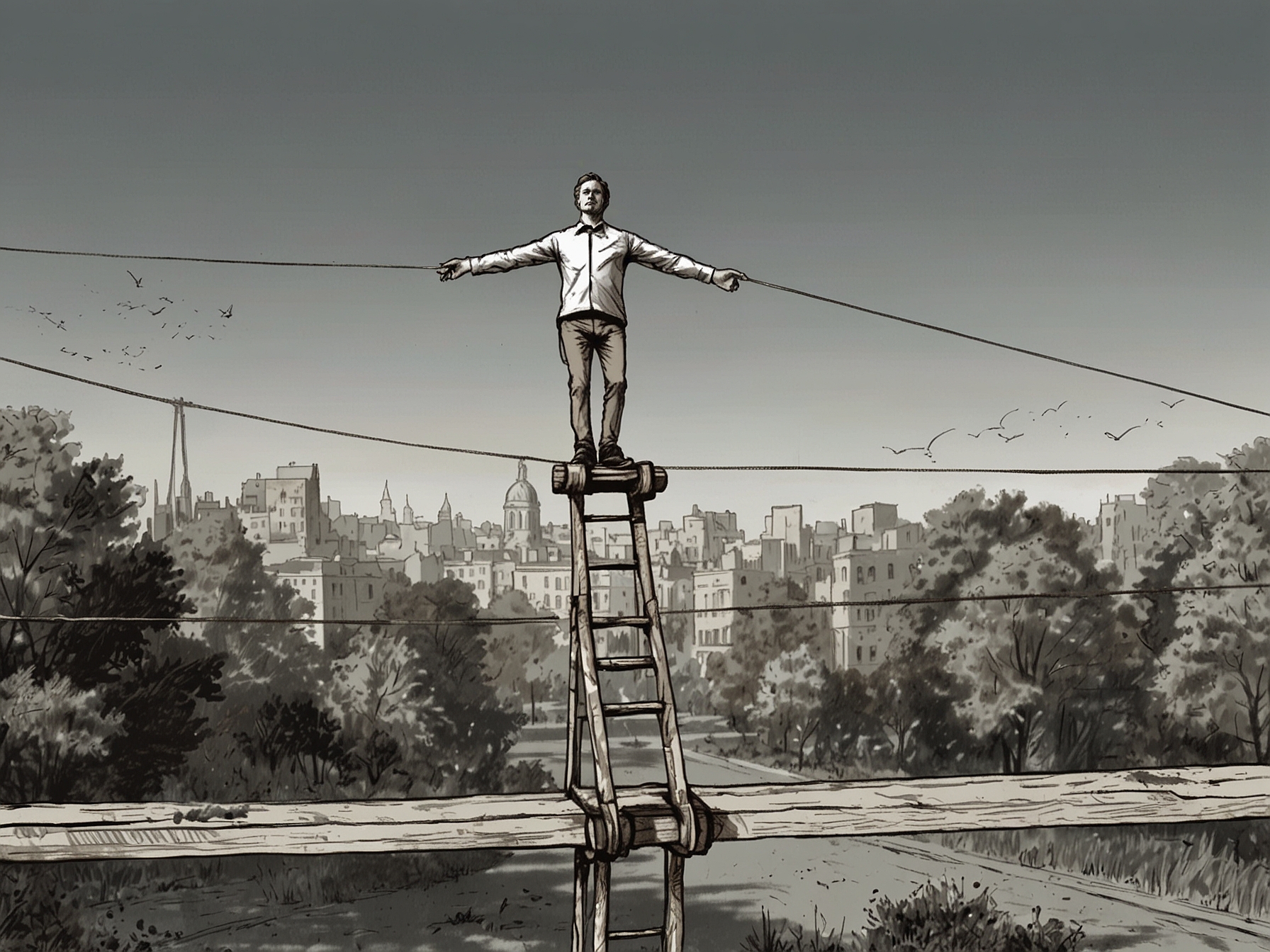 An illustration depicting a tightrope walker, symbolizing the delicate balance public officials must maintain between personal choices and public expectations.