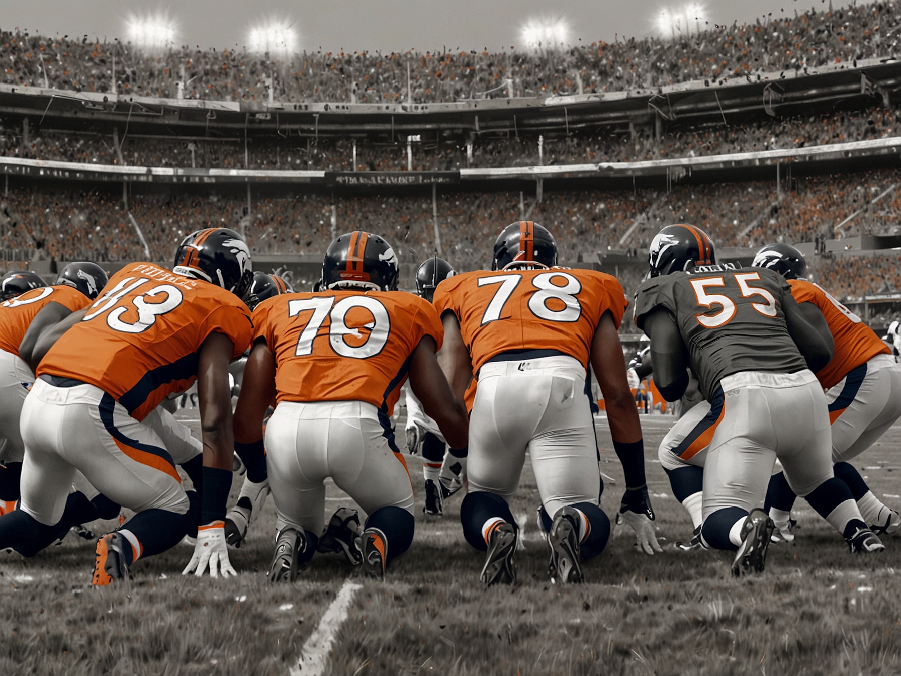 The moment the Broncos attempt a field goal, with players poised, capturing the tension and anticipation felt by both teams and their supporters in the closing minutes.