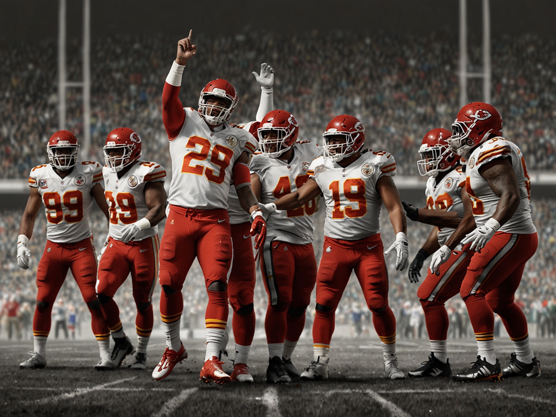 Chiefs players celebrating exuberantly after the momentous field goal block, embodying the joy and relief of a hard-fought victory against their rivals.