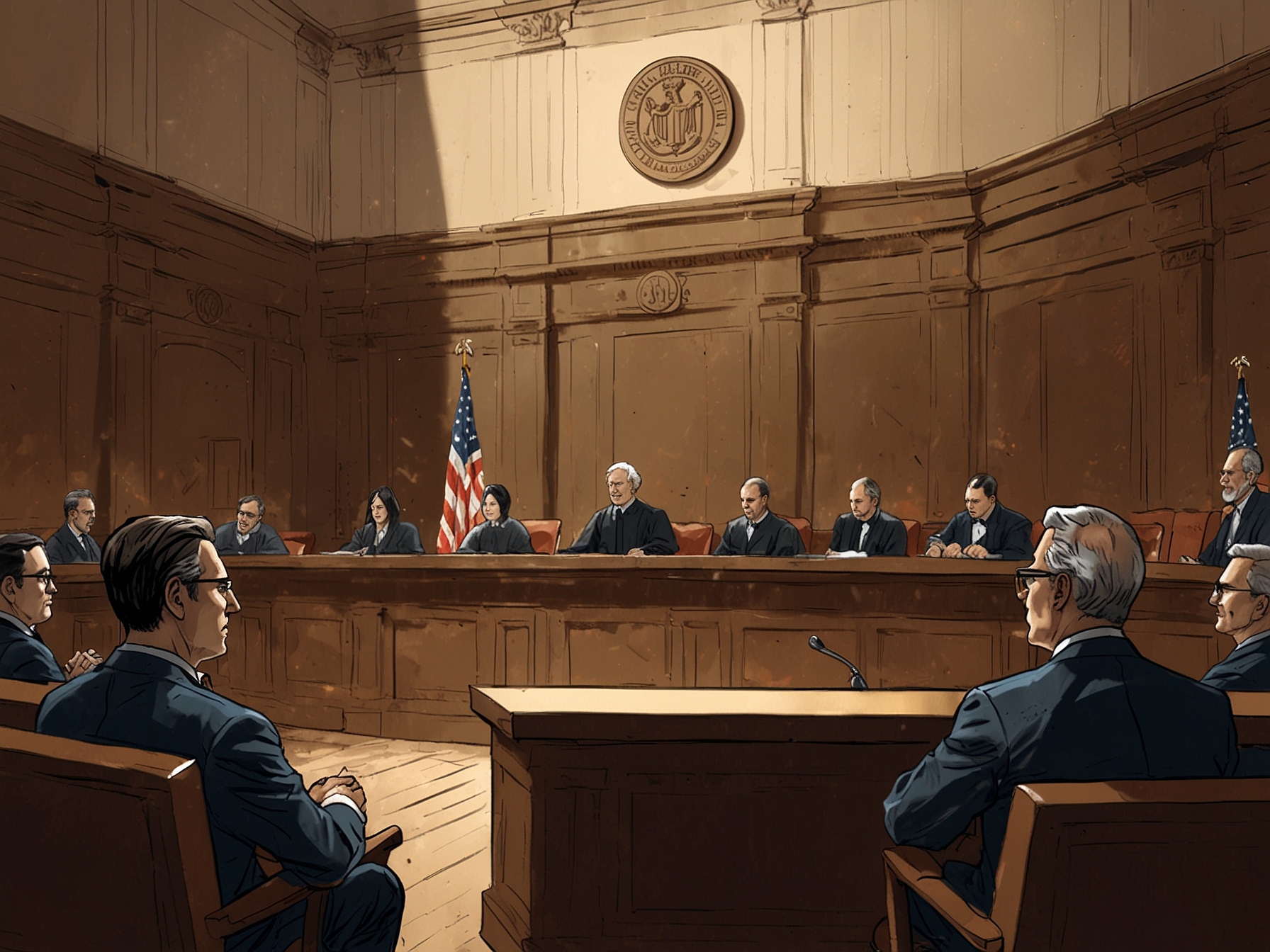 A solemn courtroom scene showcasing a judge presiding over a trial, with the courtroom filled with attentive spectators reflecting the seriousness of the proceedings.