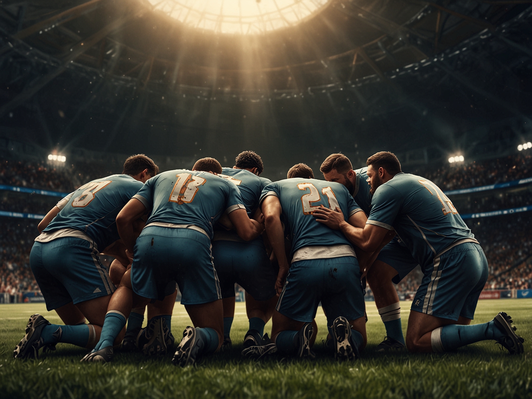 Atlas players in a huddle discussing strategies on the field, demonstrating their determination and teamwork as they look to regain control of the game.