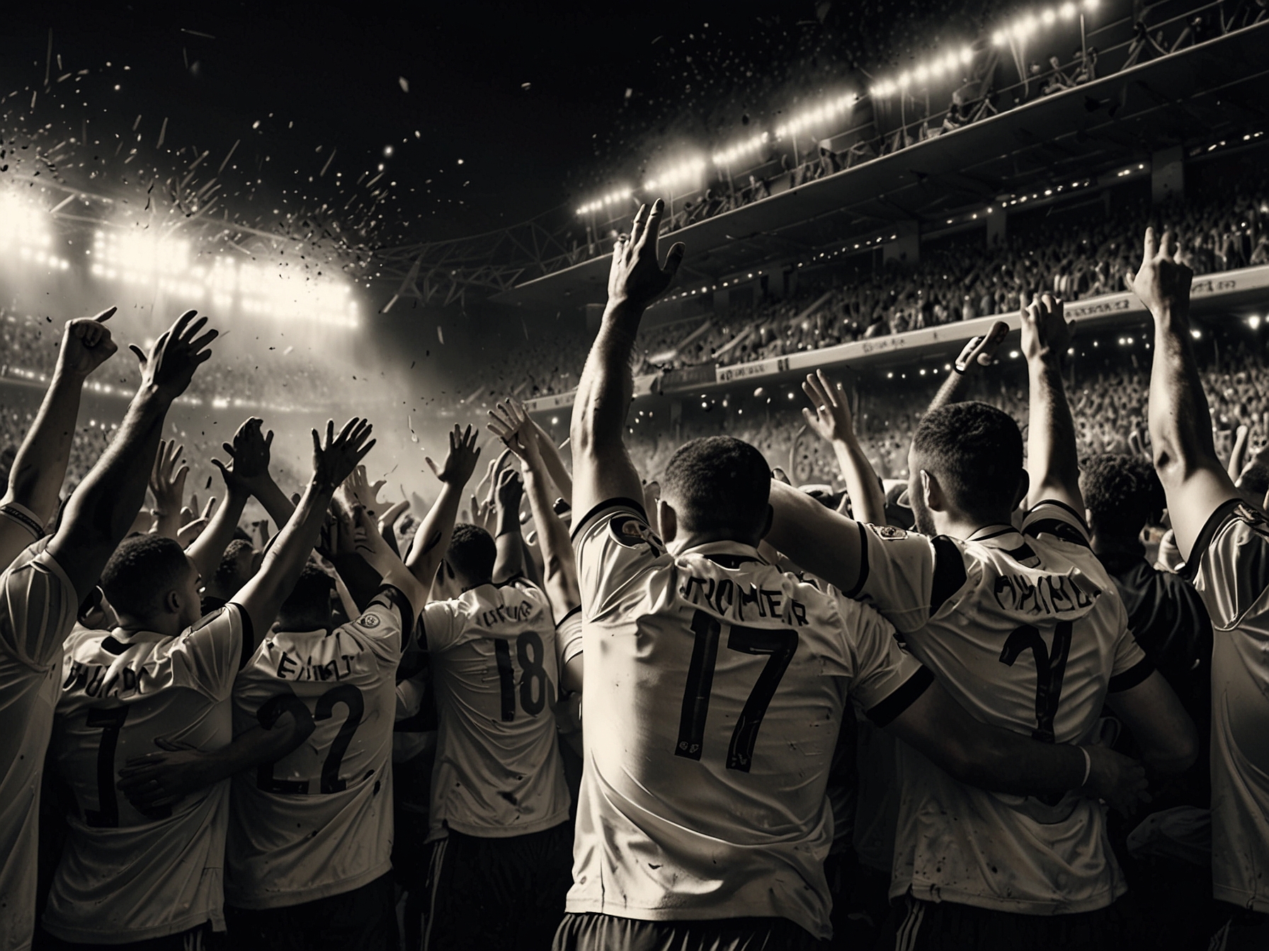 A dramatic moment captured as the Atlas team scores a stunning equalizer, with players erupting in joy amidst their supporters' cheers.