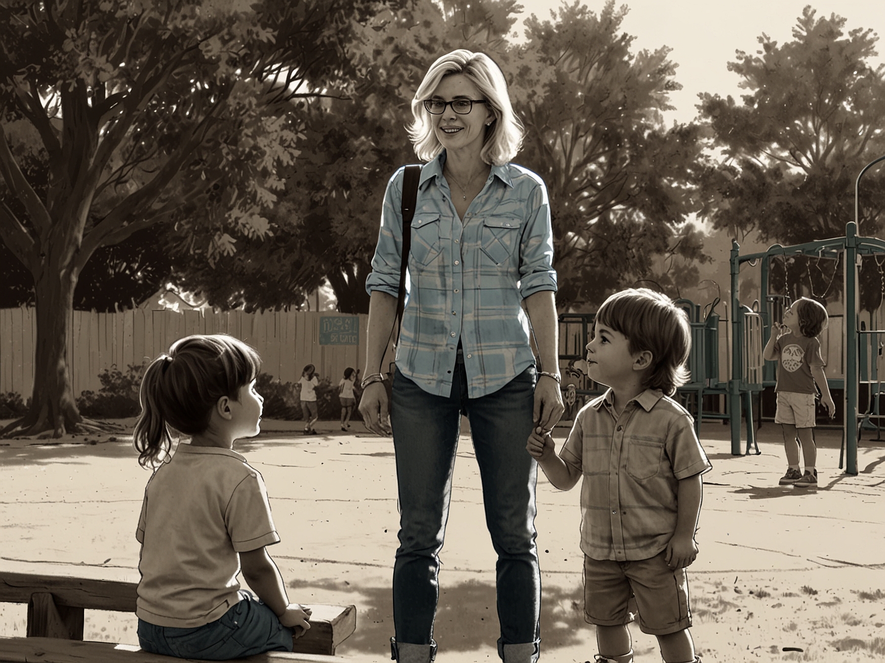 A suburban mom talking with her friends at a playground, expressing concerns about health care and education in relation to their voting decision for the upcoming election.