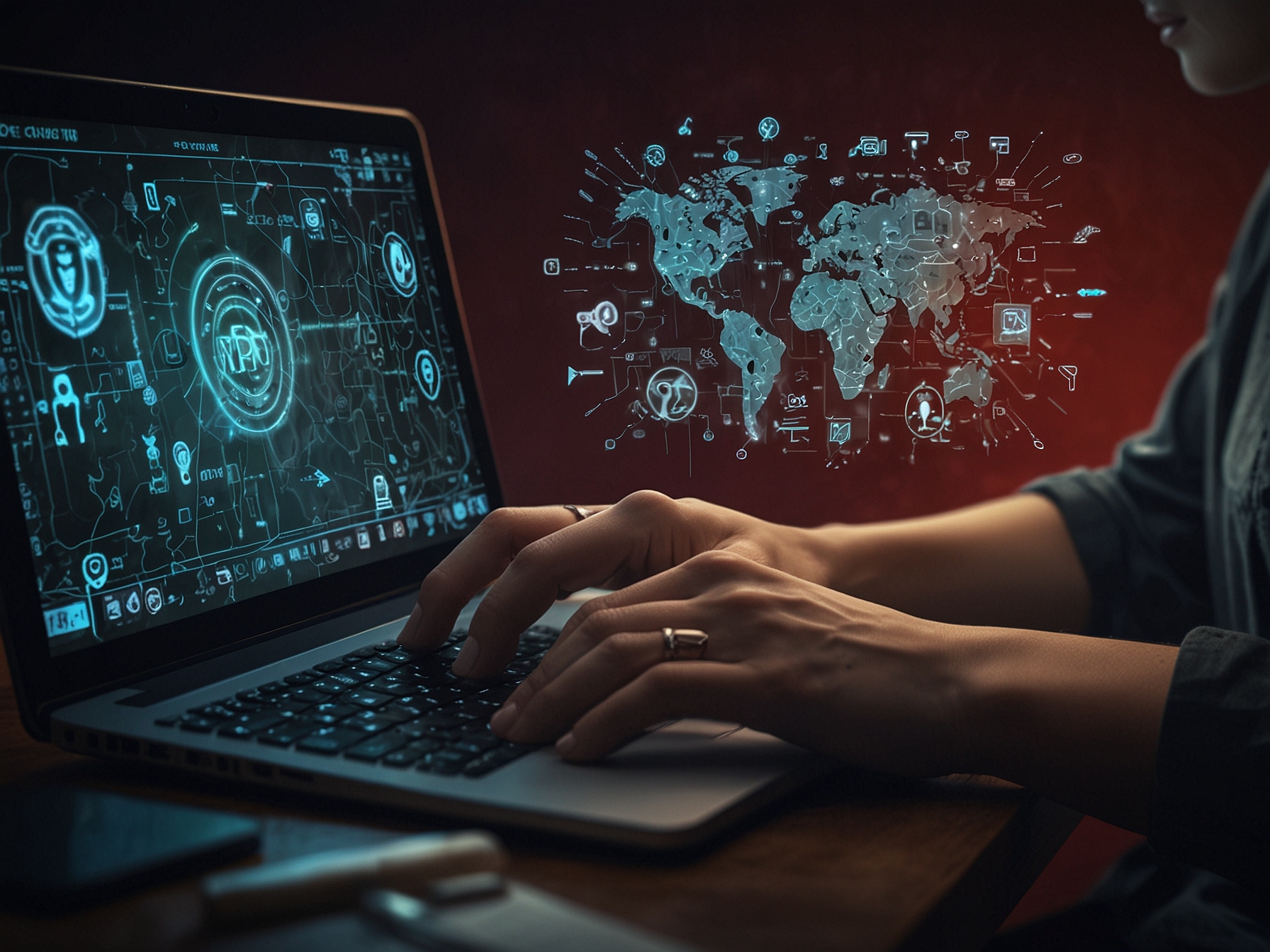 A close-up of hands typing on a laptop, surrounded by symbols of digital rights, illustrating the connection between VPN use and the fight for internet freedom.