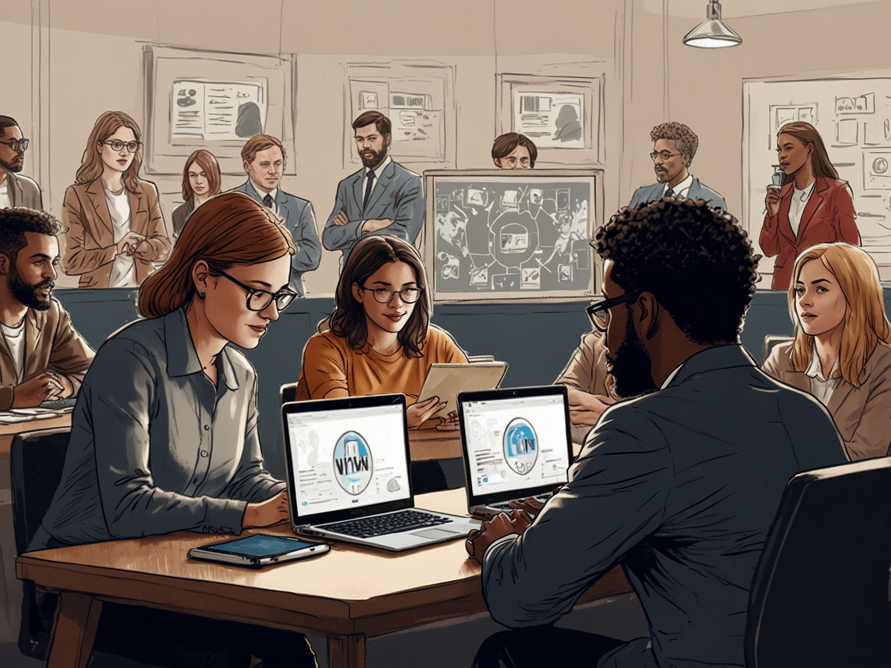 A group of people engaging in a debate, with laptops open and VPN logos displayed, representing the discussions around security versus privacy.