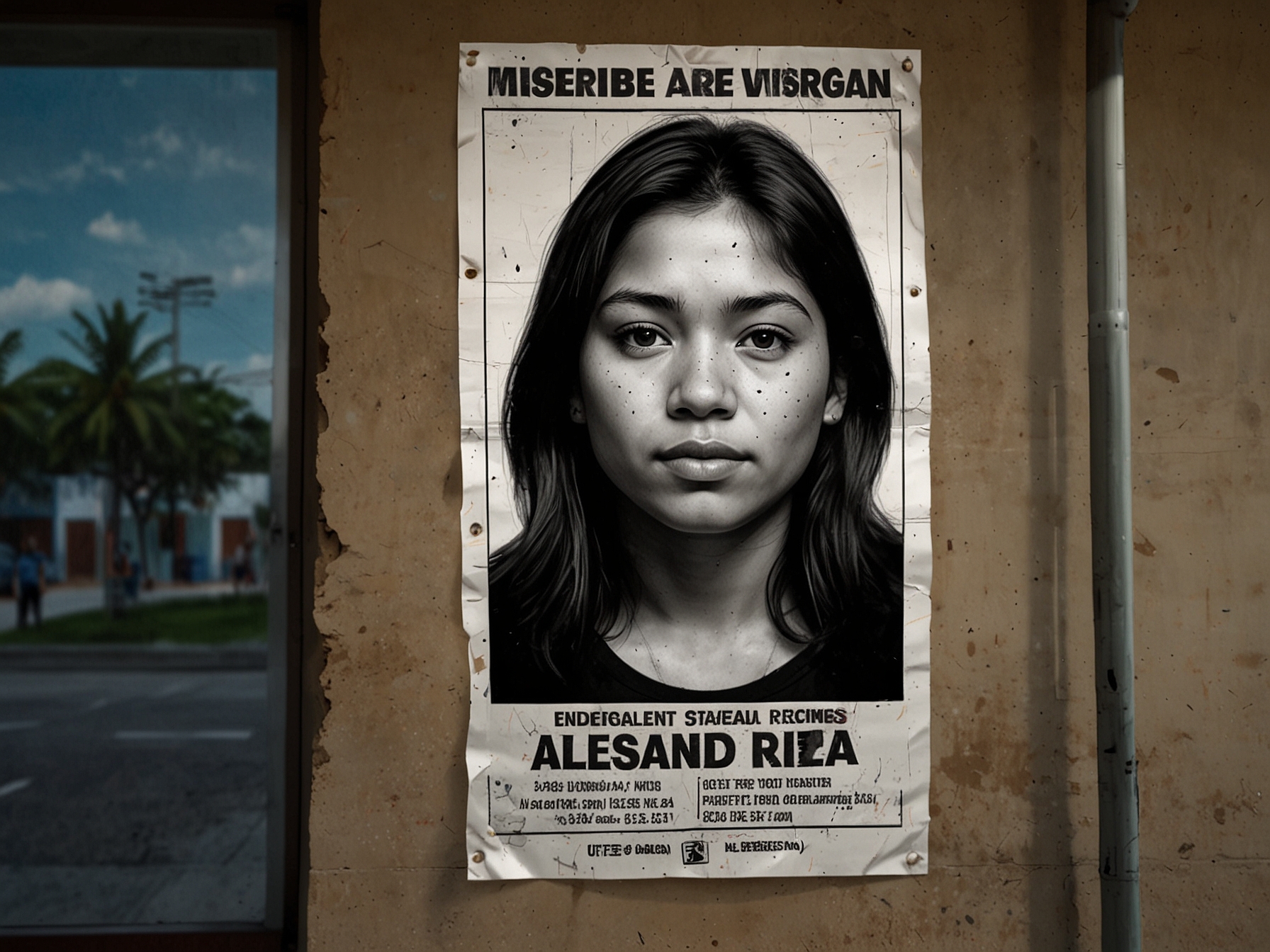 A close-up shot of a missing person poster featuring Alejandra Rivas, placed on a public wall in Colima, reflecting the urgent search for the truth and justice.