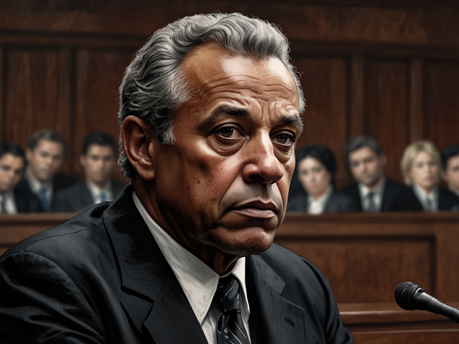 A close-up of Richard Allen looking somber during the trial proceedings, capturing the tension surrounding his fate and the community's quest for justice.