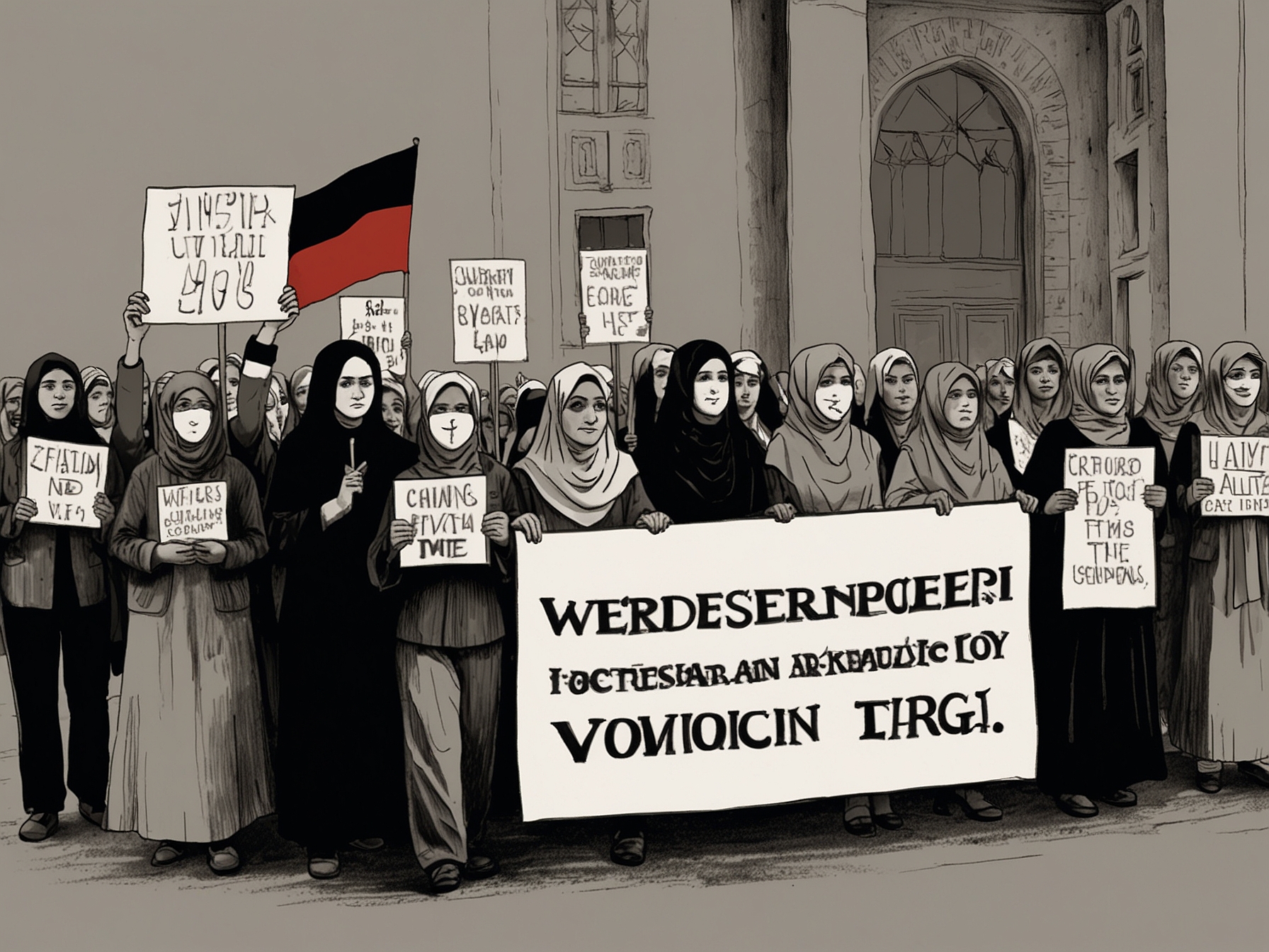 A group of women holding a protest banner advocating for women's rights in Iraq, showcasing the societal divide over the proposed marriage law amendment.