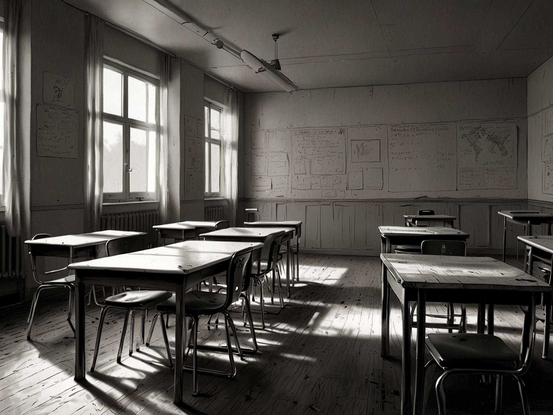 An empty classroom with children's desks, representing the potential loss of education for girls if the proposed marriage law is enacted.