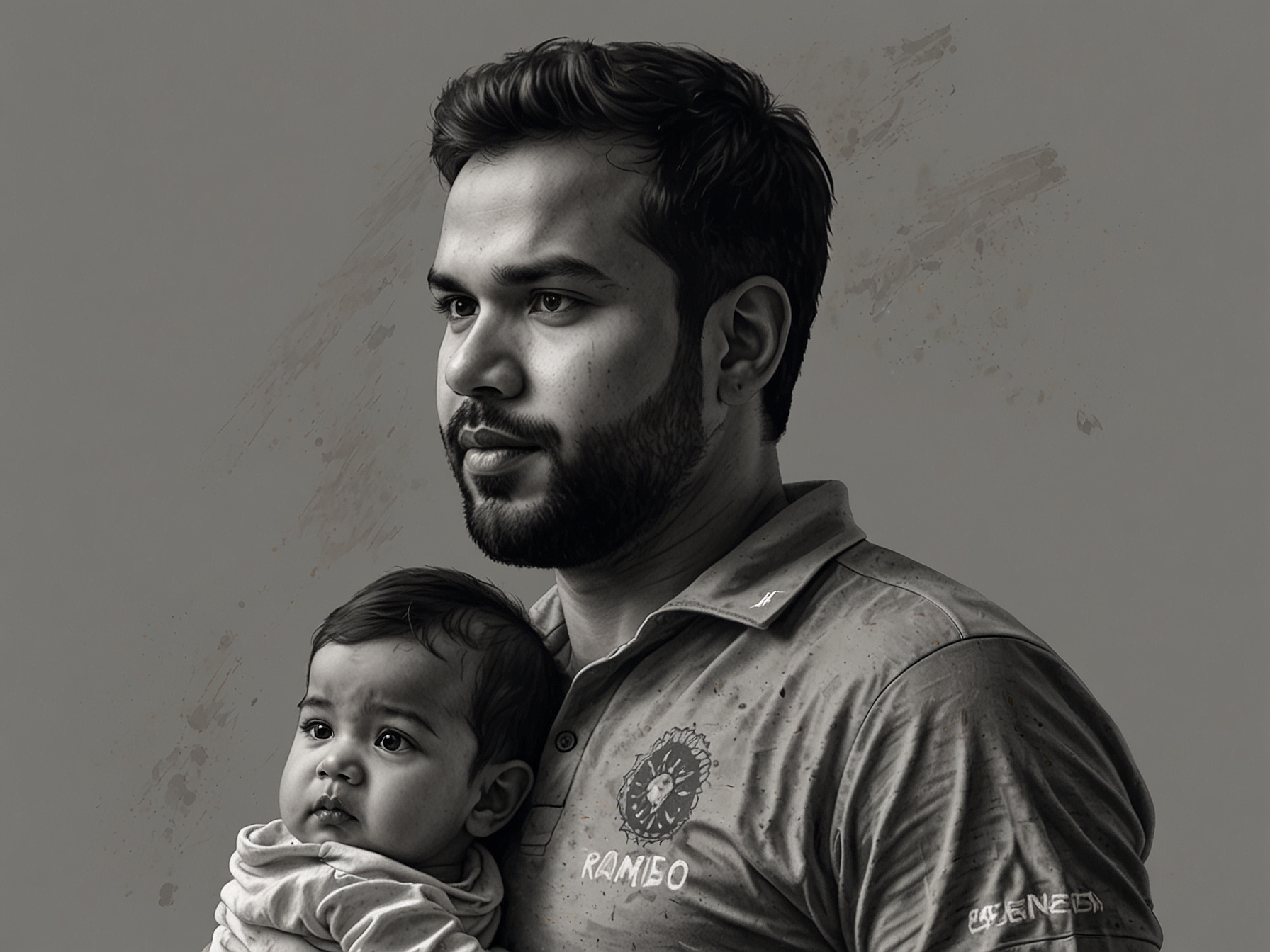 An emotional Rohit Sharma, holding his newborn son, gazes thoughtfully into the distance, symbolizing his dual roles as a new father and captain of the Indian cricket team amidst a challenging Test series.
