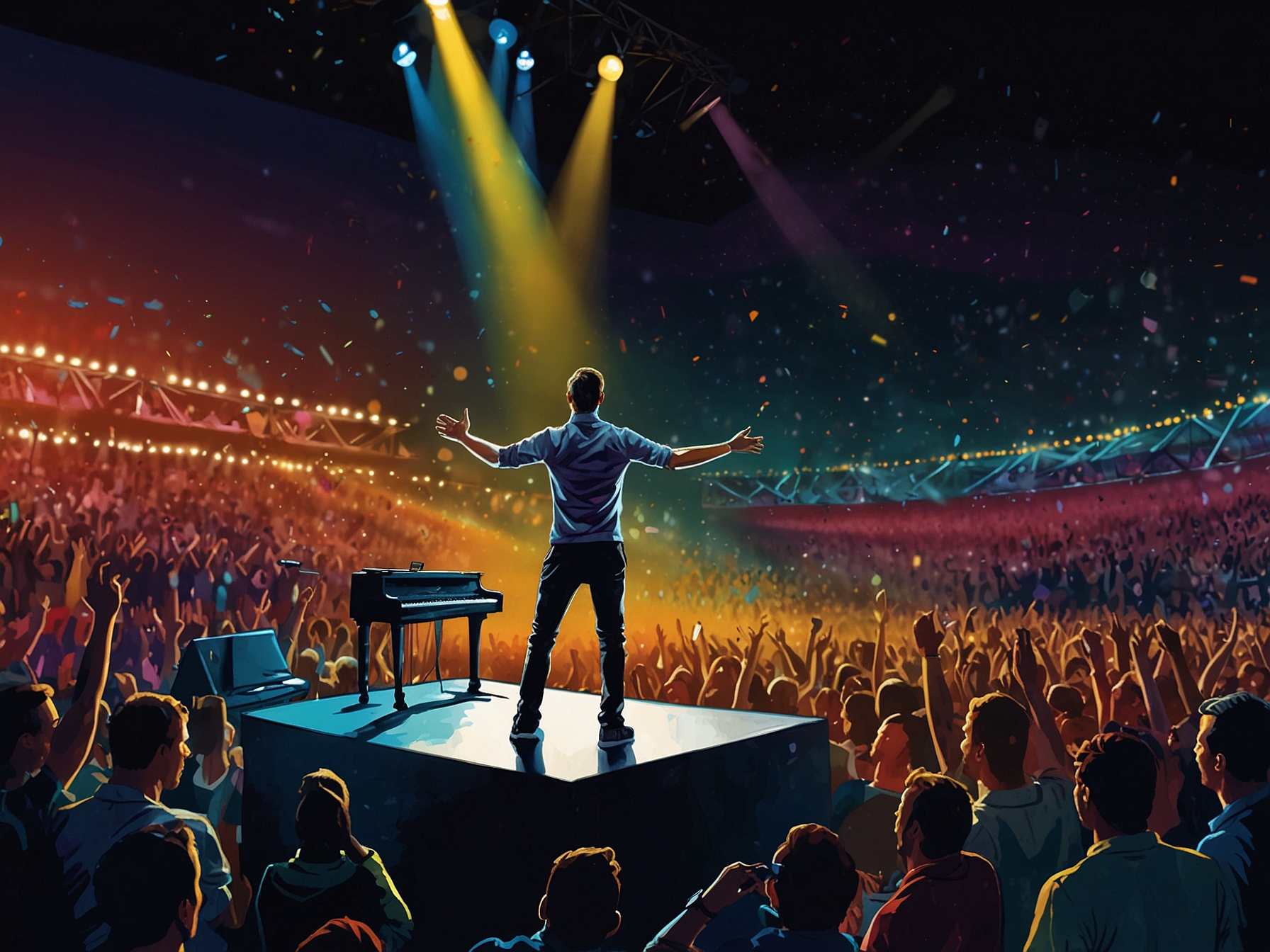 A vibrant image of Coldplay performing live, filled with colorful stage lights and an enthusiastic crowd at an open-air concert venue.