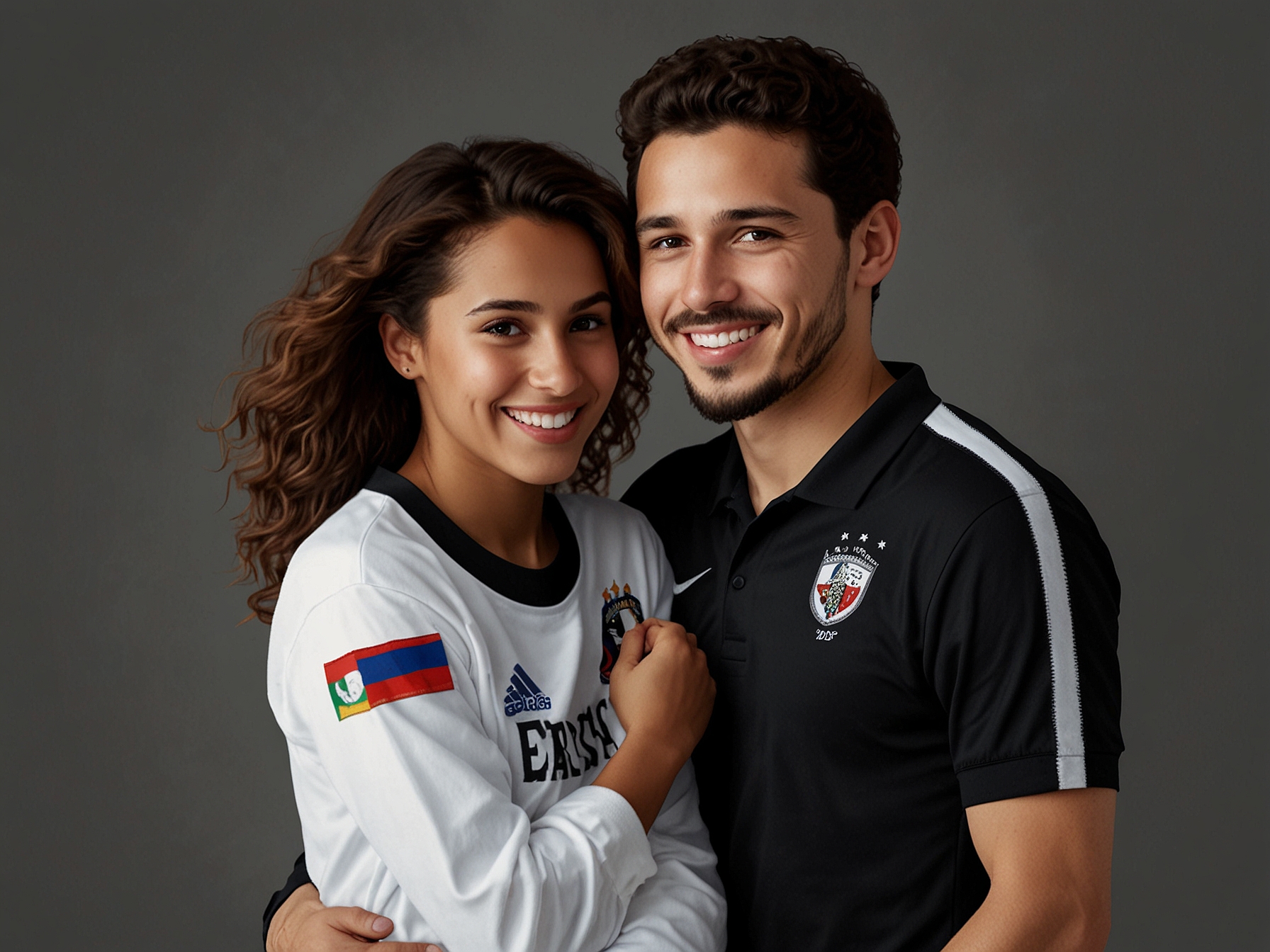 The Crown Prince and Princess Iman share an intimate moment, with smiles illuminating their faces, embodying the love and joy of parenthood against a backdrop of a soccer field.