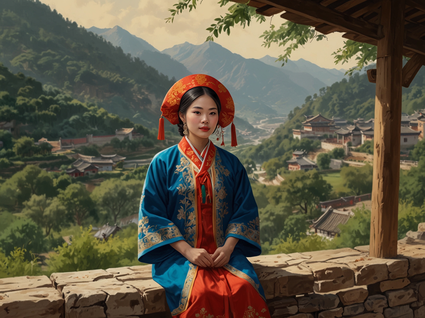 Li Ziqi in her traditional Sichuan outfit, surrounded by vibrant rural landscapes as she engages in artisanal crafts, embodying tranquility and connection to her roots.