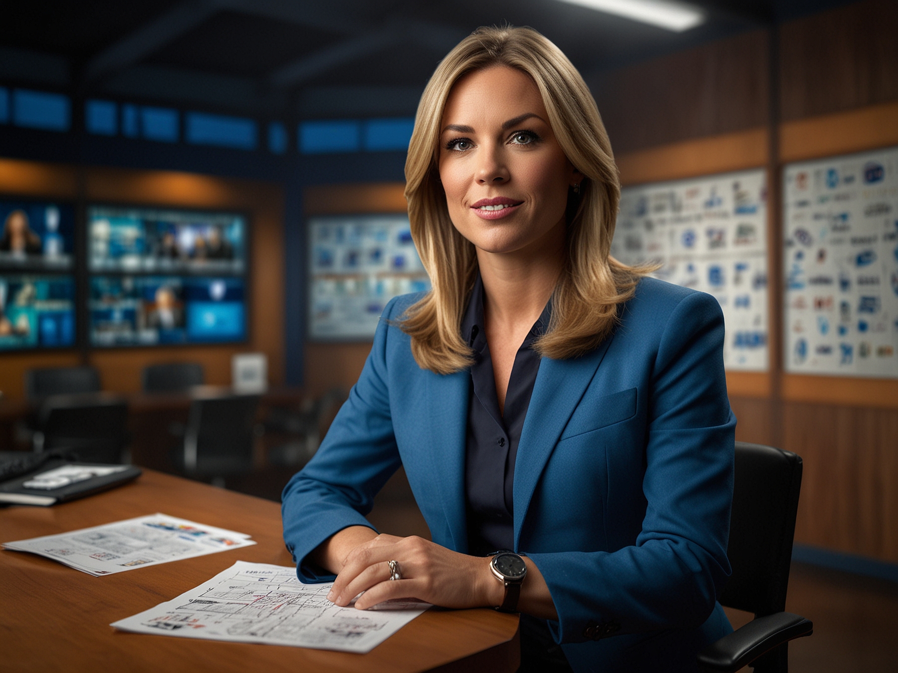 A vibrant portrait of Kate Scott in a studio setting, confidently presenting sports news, embodying professionalism and charm, with CBS Sports branding in the background.